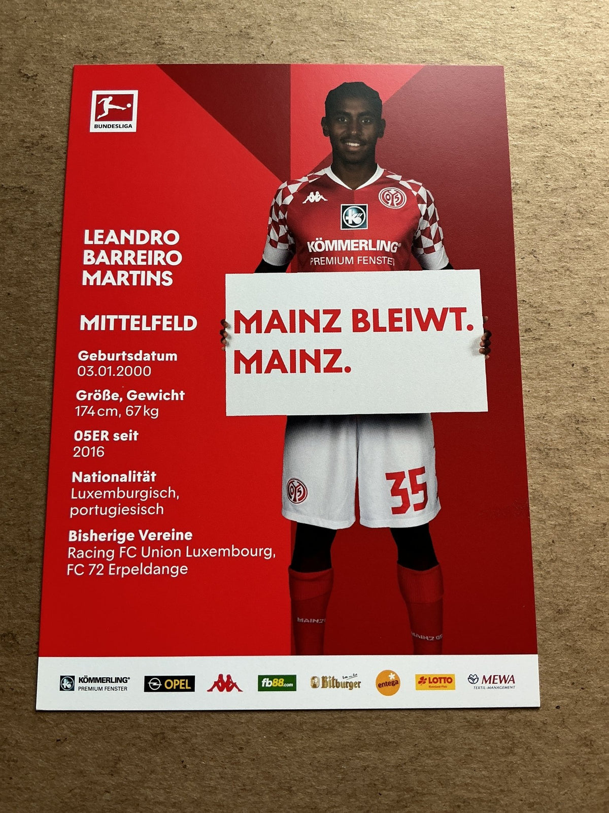 Leandro Barreiro Martins, Luxemburg 🇱🇺 FSV Mainz 05 2020/21 hand signed - Autographs-World