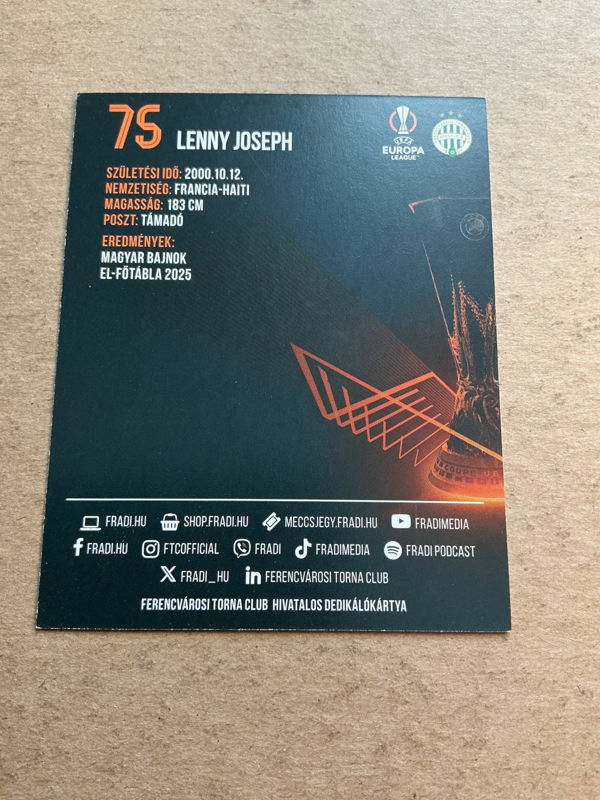 Lenny Joseph, France 🇫🇷 Ferencvaros 2025/26 hand signed - Autographs-World