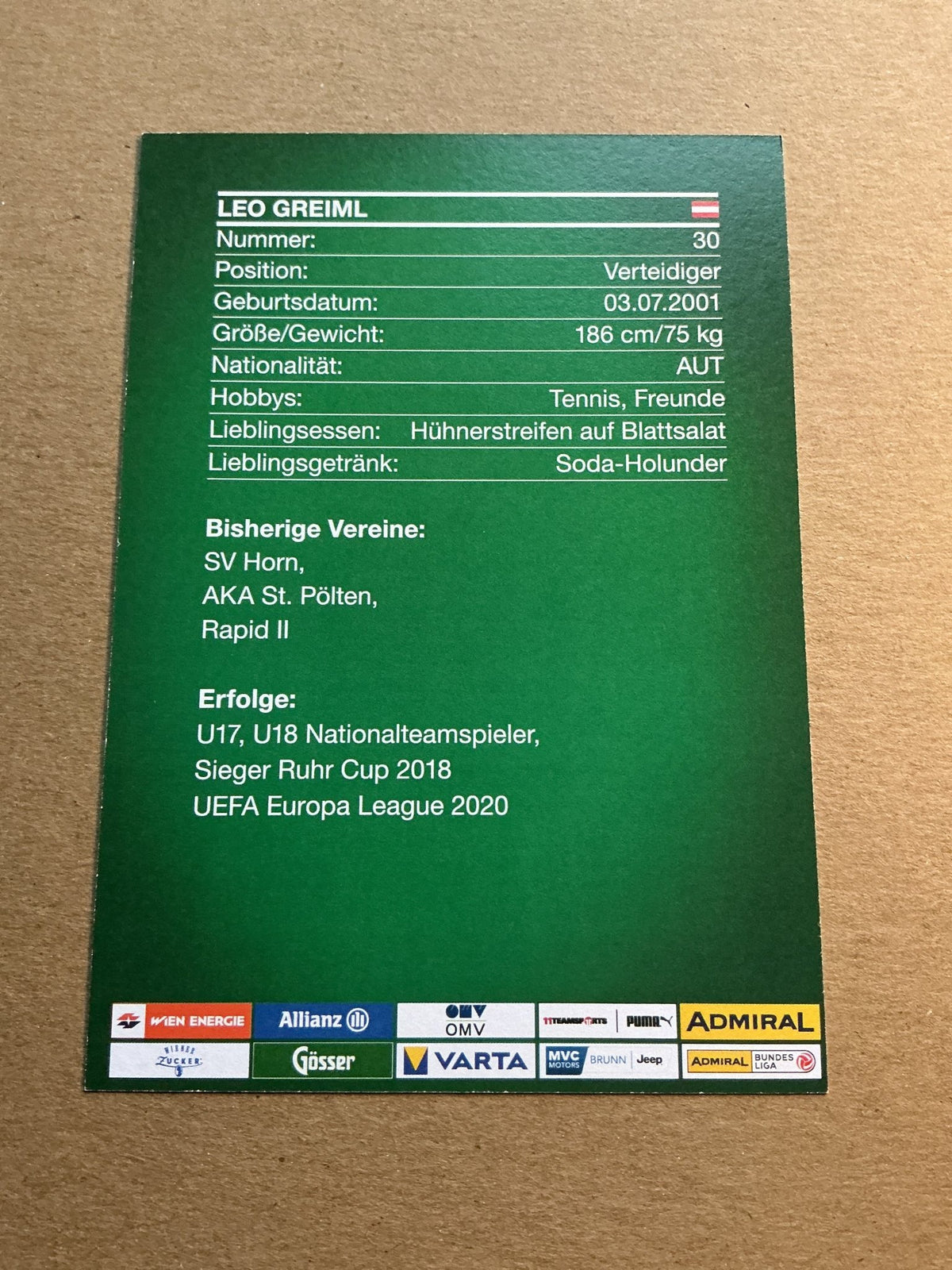 Leo Greiml, Austria ๐ฆ๐น Rapid Wien 2021/22 hand signed - Autographs-World