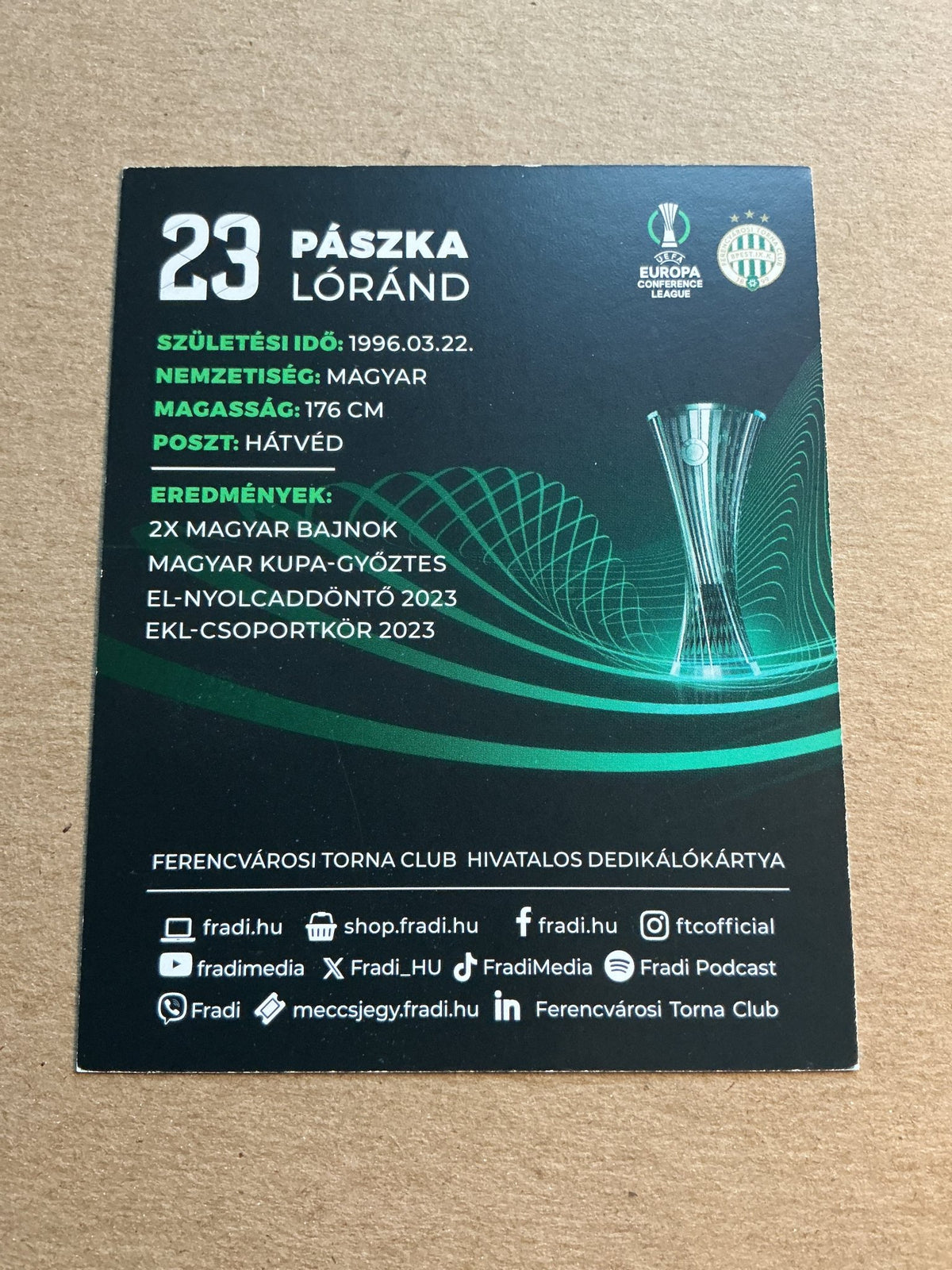 Lóránd Pászka, Hungary 🇭🇺 Ferencváros TC 2023/24 hand signed - Autographs-World