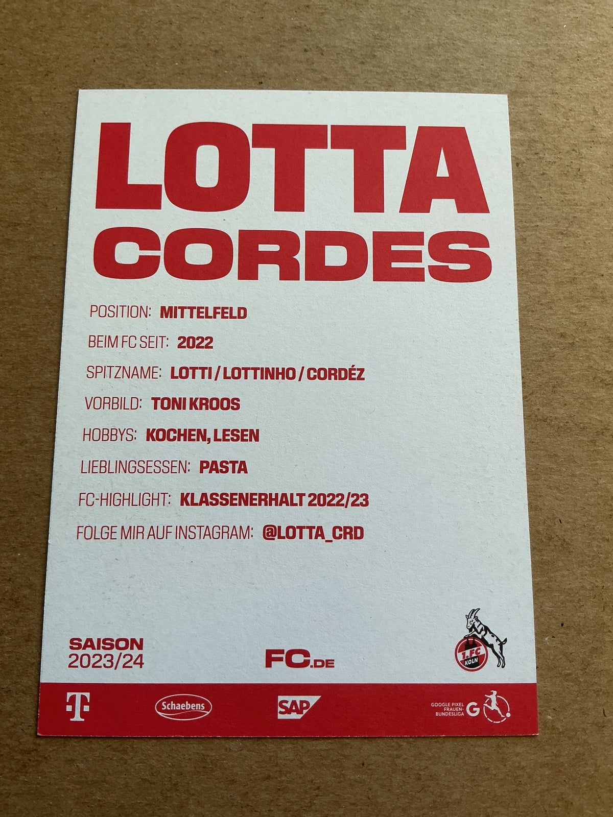 Lotta Cordes, Germany 🇩🇪 1.FC Köln 2023/24 hand signed - Autographs-World
