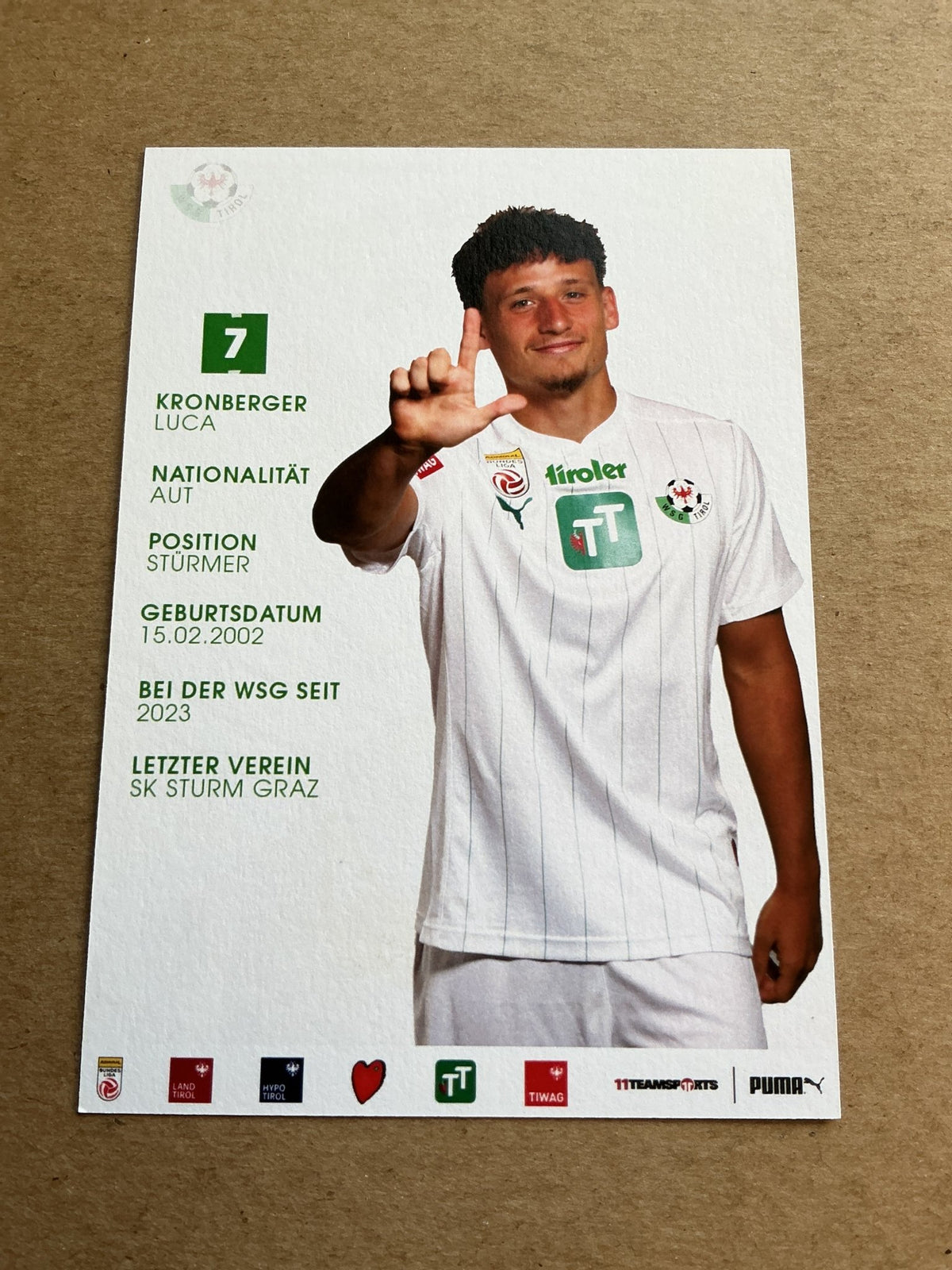 Luca Kronberger, Austria 🇦🇹 WSG Tirol 2023/24 hand signed - Autographs-World