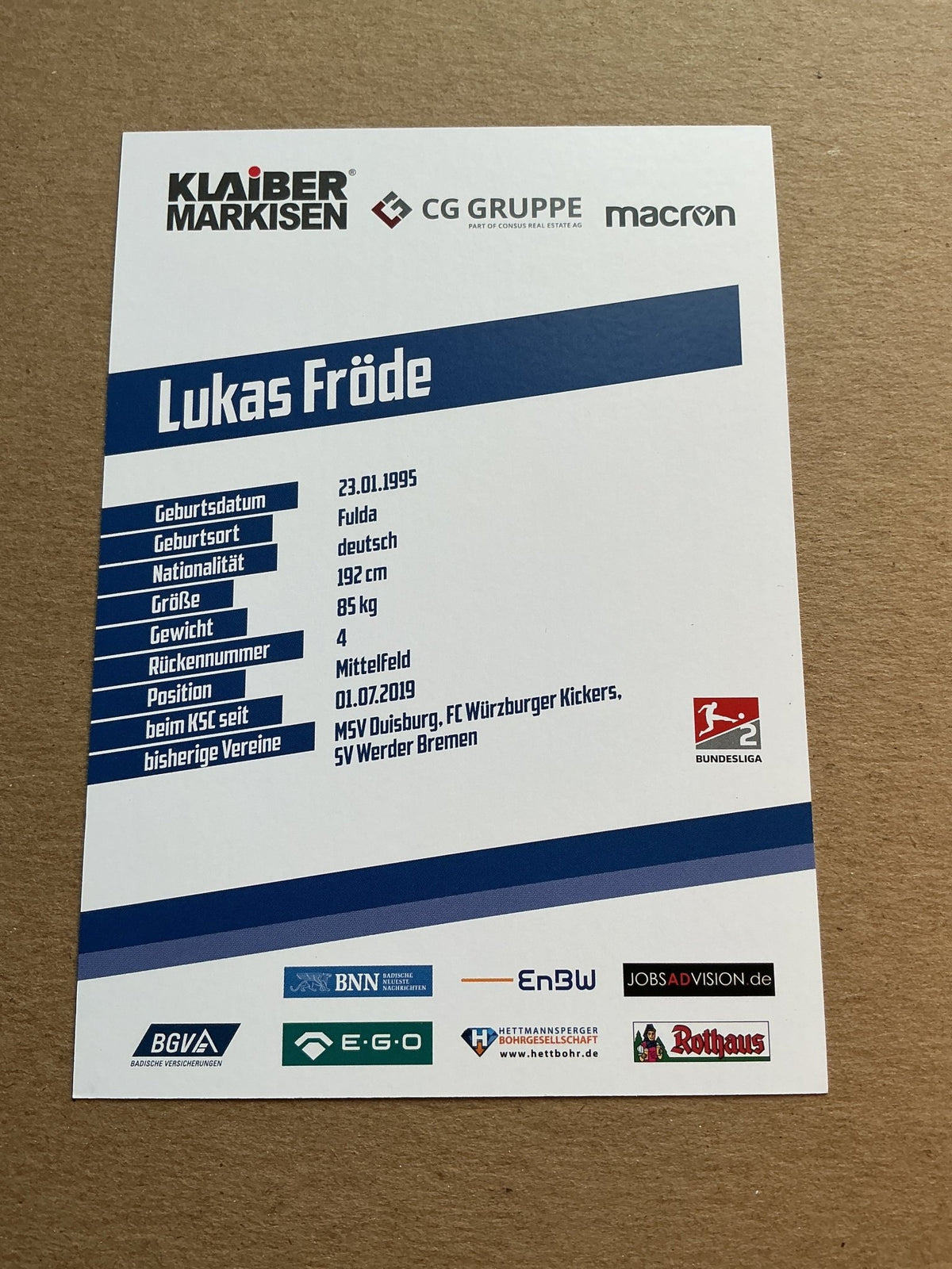 Lukas Fröde, Germany 🇩🇪 Karlsruher SC 2019/20 hand signed - Autographs-World