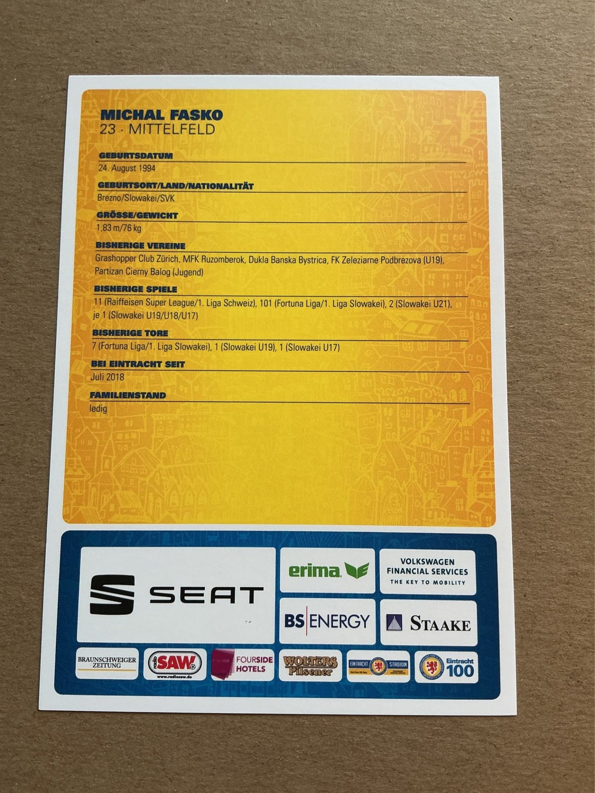 Michal Fasko, Slovakia 🇸🇰 Eintracht Braunschweig 2018/19 hand signed - Autographs-World
