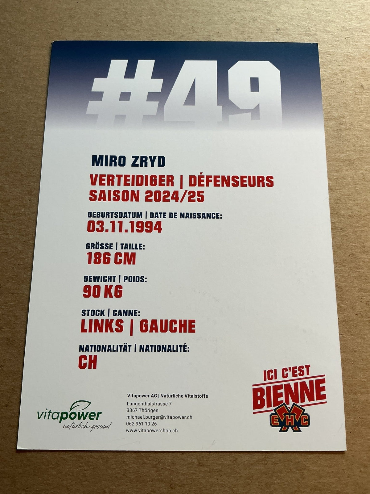 Miro Zryd, Switzerland 🇨🇠EHC Biel-Bienne 2024/25 hand signed - Autographs-World