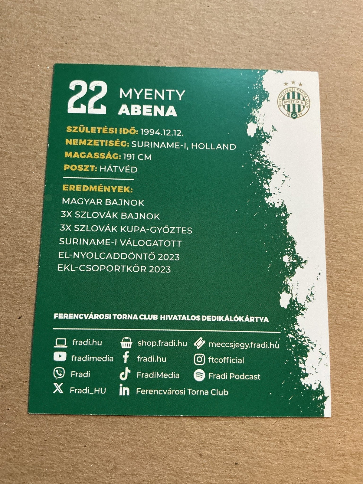 Myenty Abena, Suriname 🇸🇷 Ferencváros TC 2023/24 hand signed - Autographs-World
