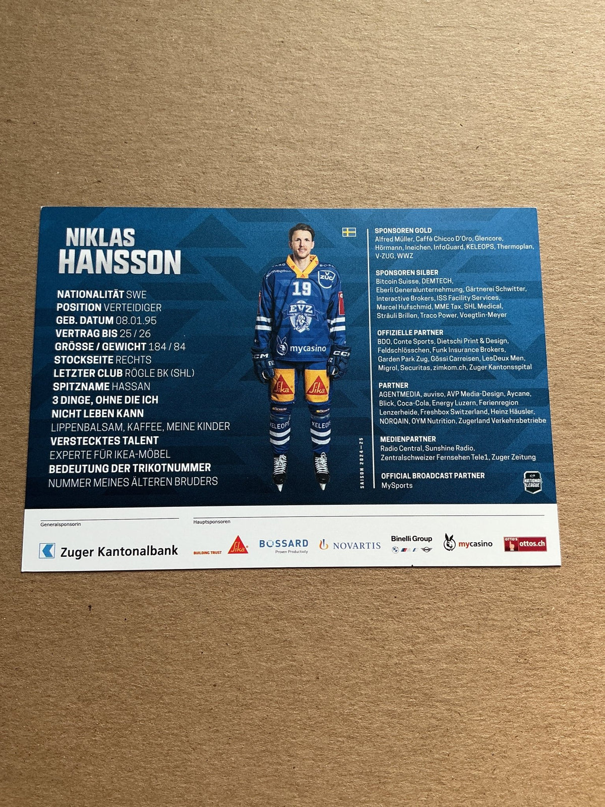 Niklas Hansson, Sweden πΈπͺ EV Zug 2024/25 hand signed - Autographs-World