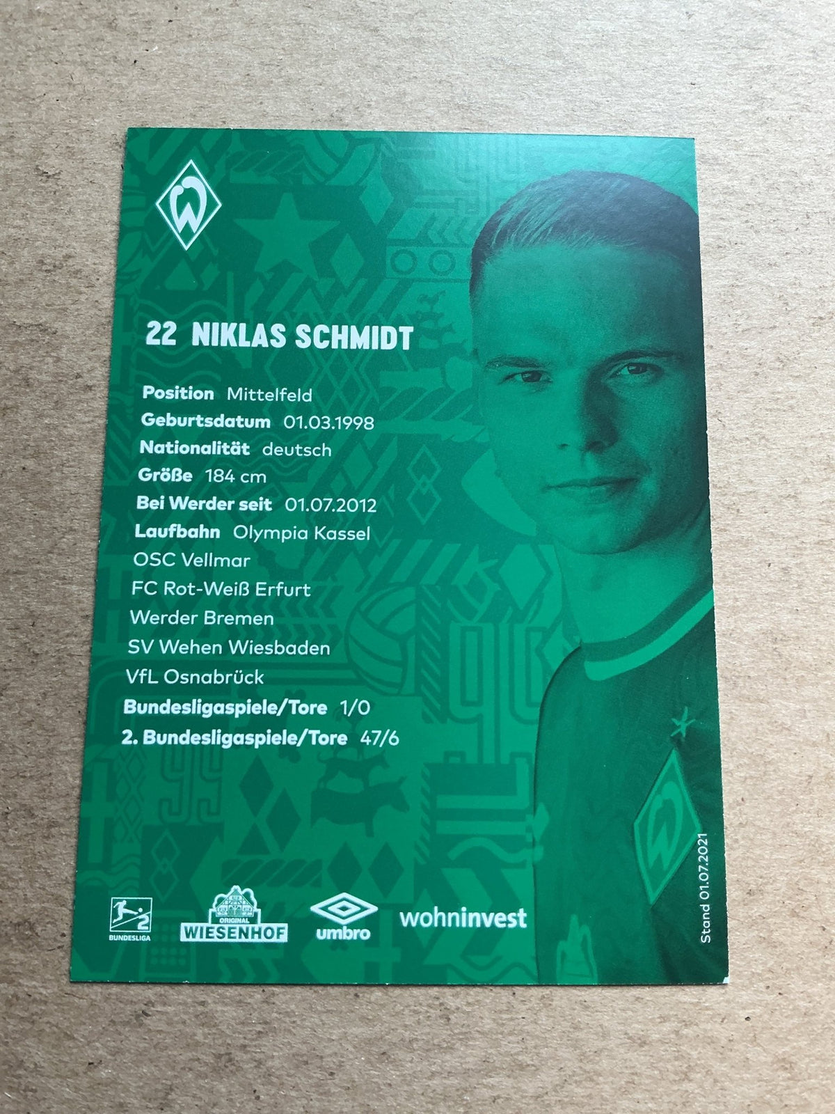 Niklas Schmidt, Germany 🇩🇪 SV Werder Bremen 2021/22 hand signed - Autographs-World