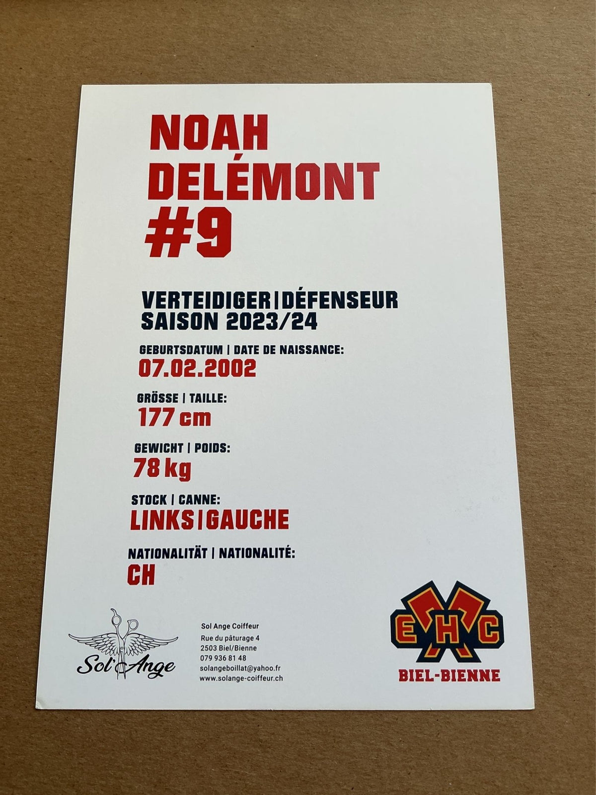 Noah Delémont, Switzerland 🇨🇭 EHC Biel-Bienne 2023/24 hand signed - Autographs-World