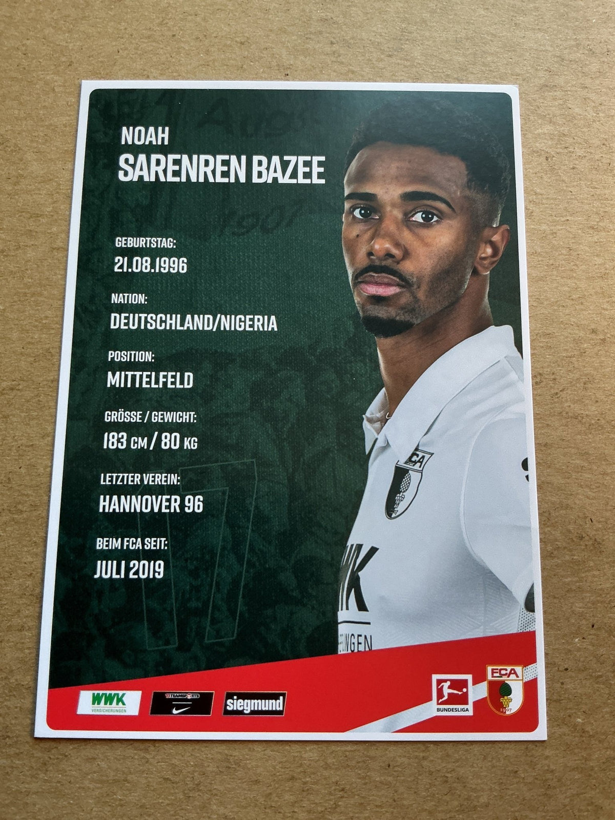 Noah Sarenren Bazee, Nigeria 🇳🇬 FC Augsburg 2020/21 hand signed - Autographs-World