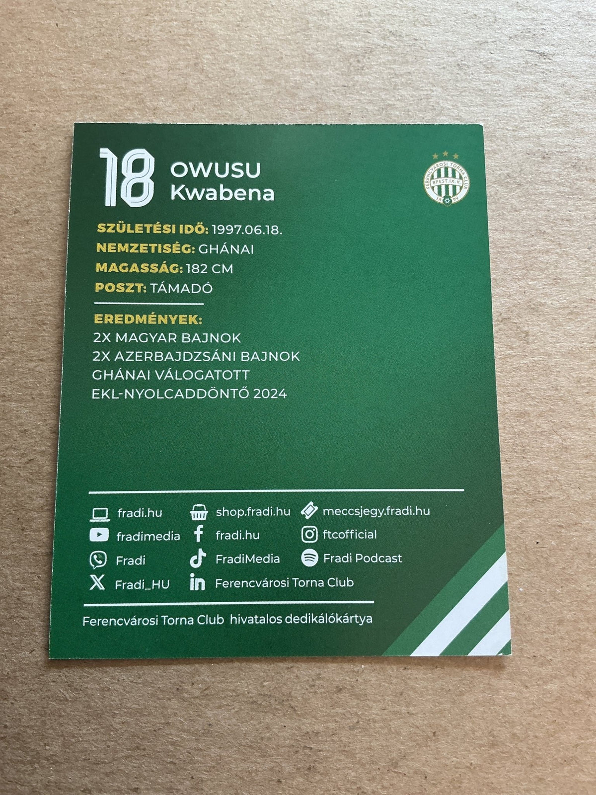 Owusu Kwabena, Ghana 🇬🇠Ferencvaros TC 2024/25 hand signed - Autographs-World