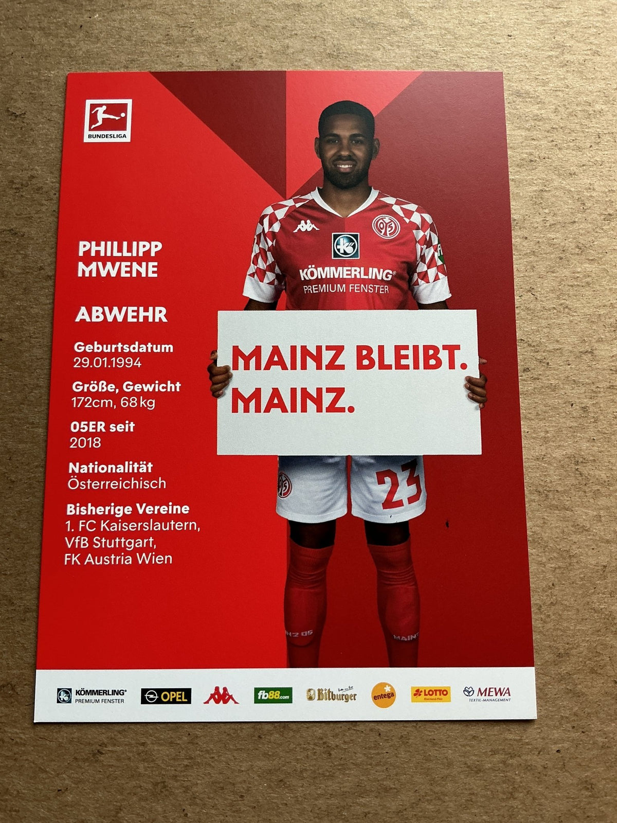 Phillipp Mwene, Austria 🇦🇹 FSV Mainz 05 2020/21 hand signed - Autographs-World