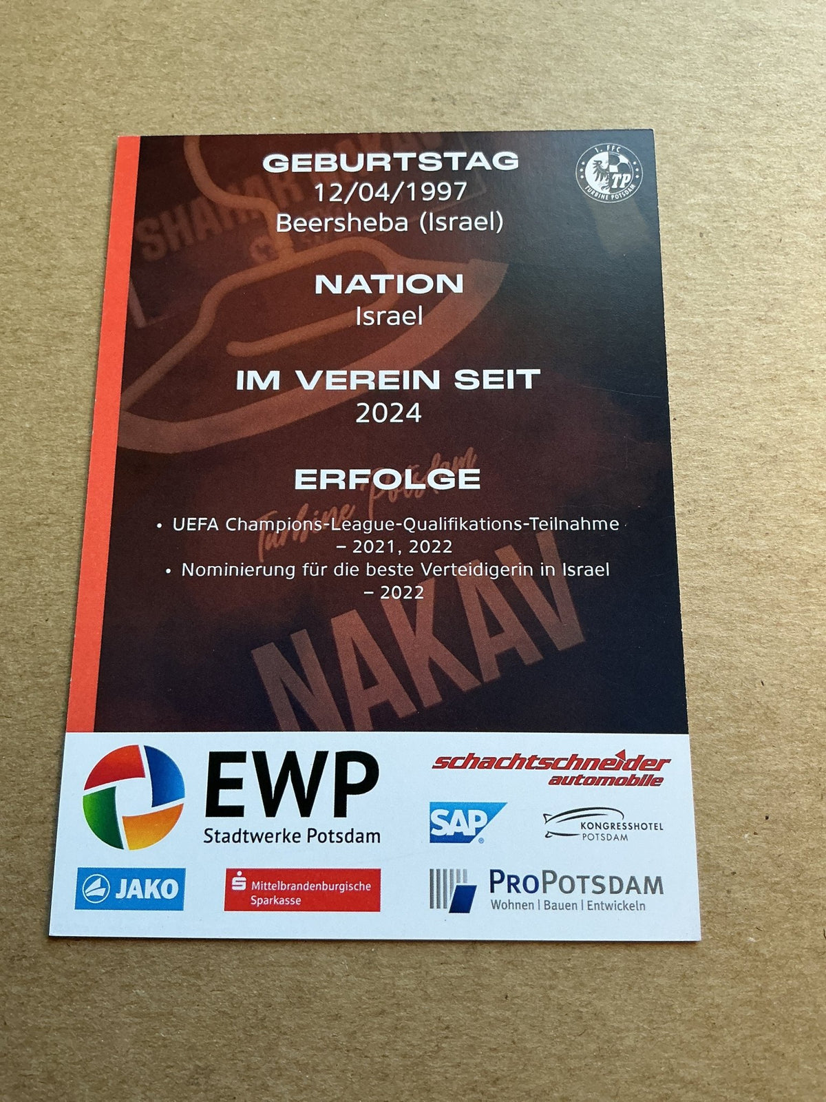 Shahar Nakav, Israel 🇮🇱 1.FFC Turbine Potsdam 2024/25 hand signed - Autographs-World