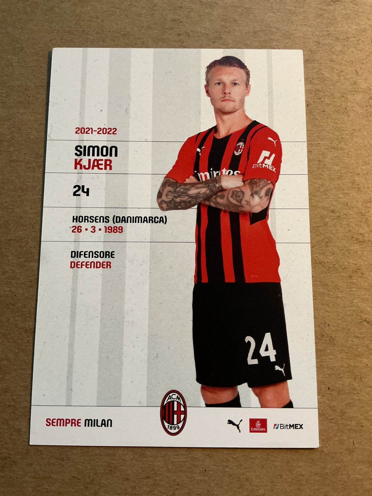 Simon Kjær, Denmark 🇩🇰 AC Milan 2021/22 hand signed - Autographs-World