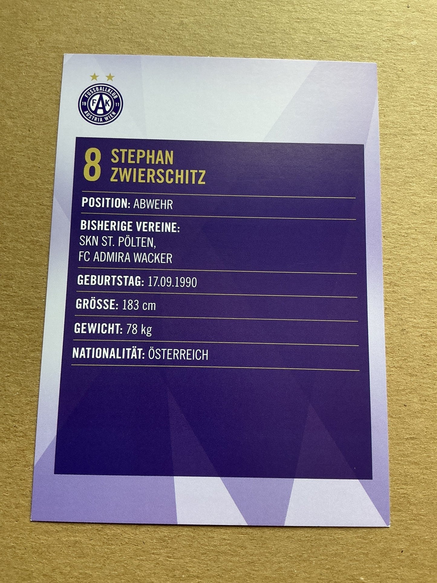 Stephan Zwierschitz, Austria ๐ฆ๐น Austria Wien 2019/20 hand signed - Autographs-World