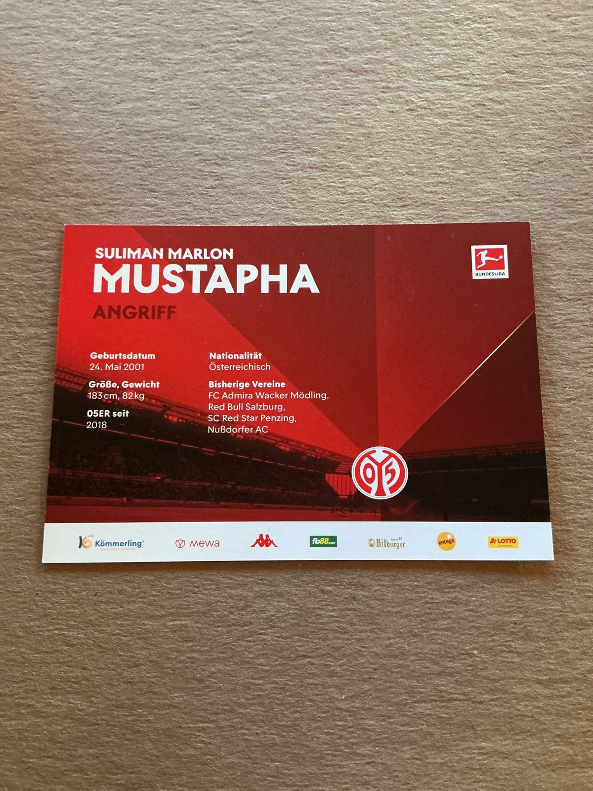 Suliman Marlon Mustapha, Austria 🇦🇹 FSV Mainz 05 2022/23 hand signed - Autographs-World