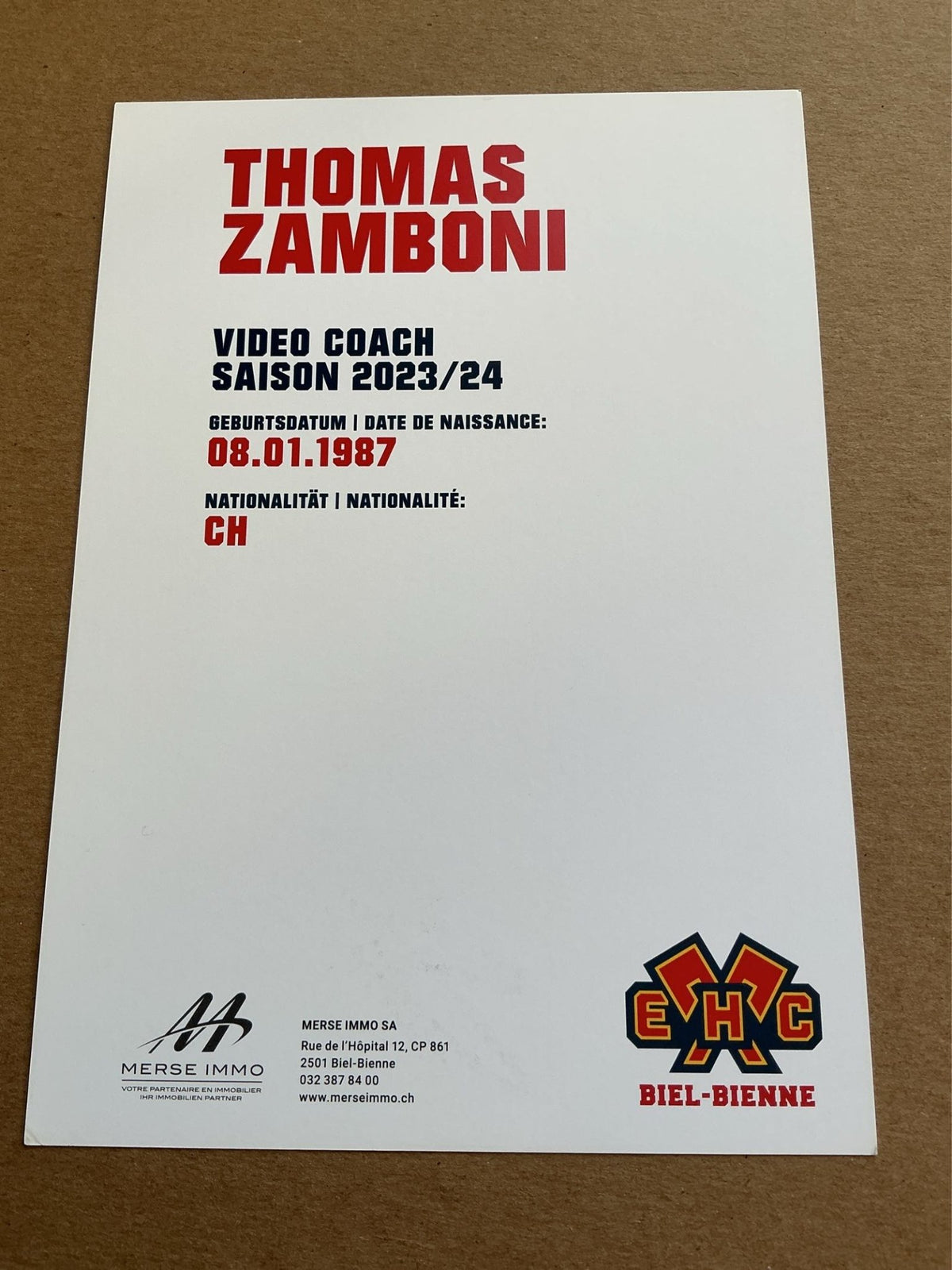 Thomas Zamboni, Switzerland 🇨🇠EHC Biel-Bienne 2023/24 hand signed - Autographs-World