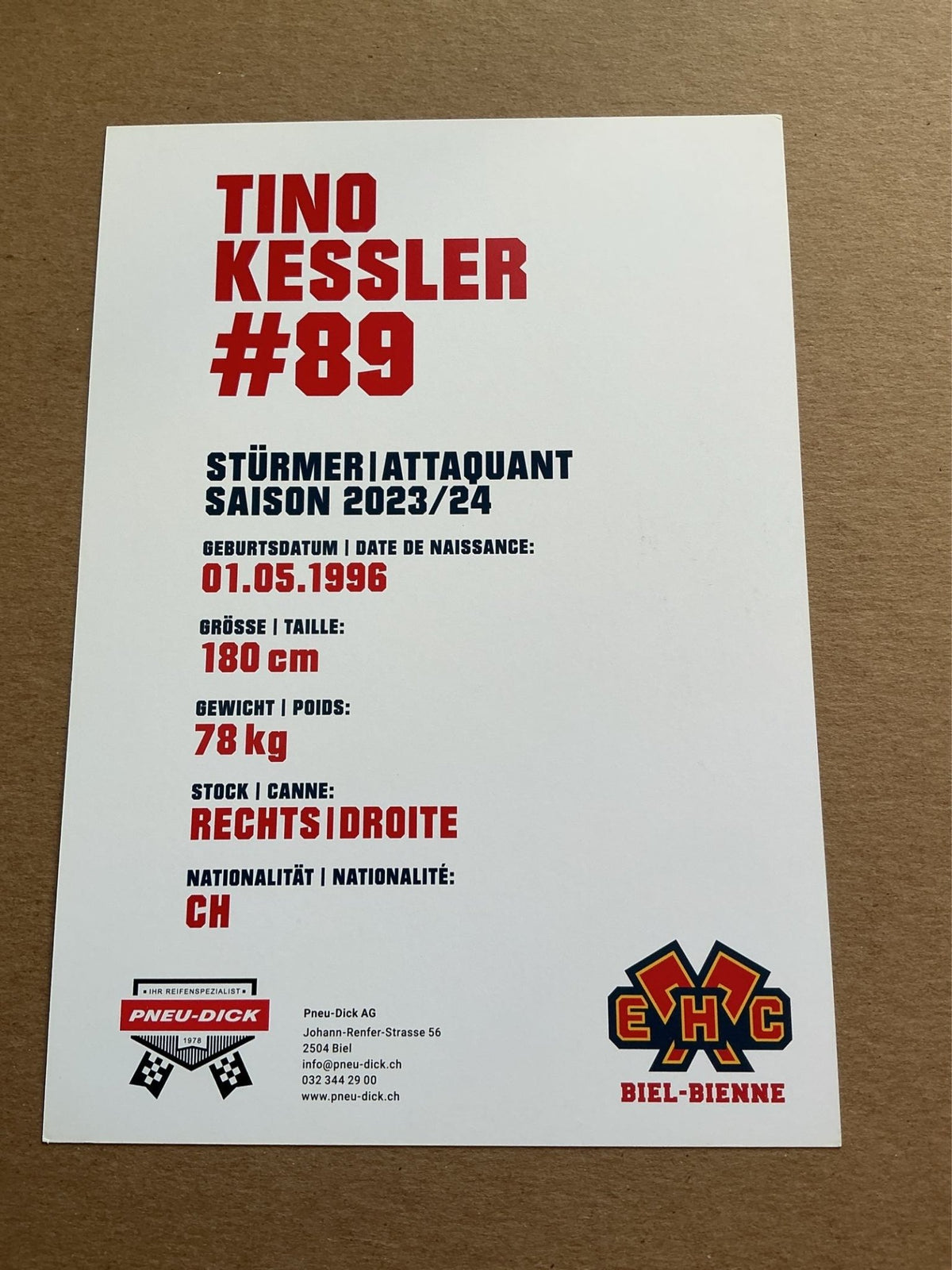 Tino Kessler, Switzerland 🇨🇠EHC Biel-Bienne 2023/24 hand signed - Autographs-World