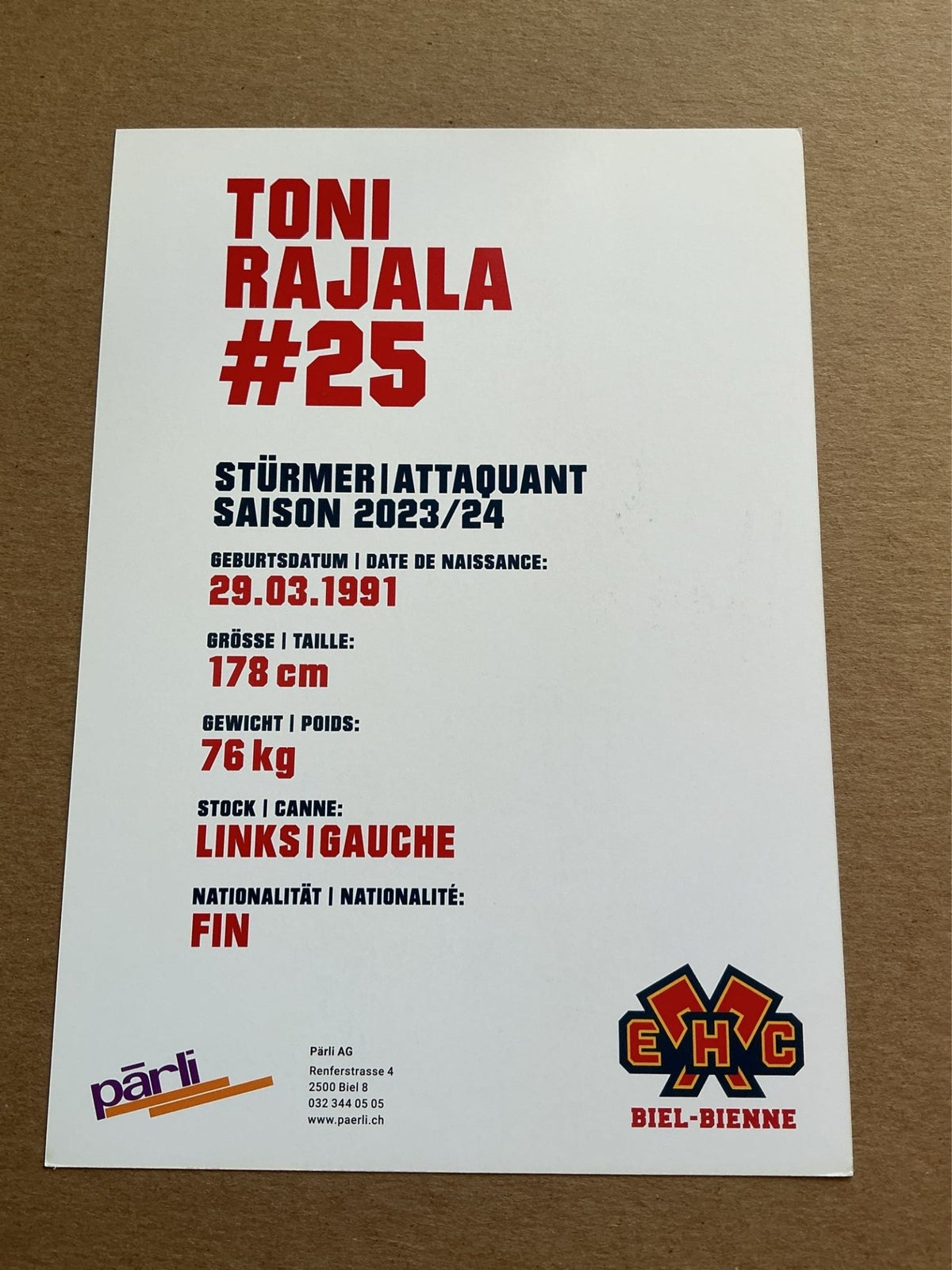Toni Rajala, Finland 🇫🇮 EHC Biel-Bienne 2023/24 hand signed - Autographs-World