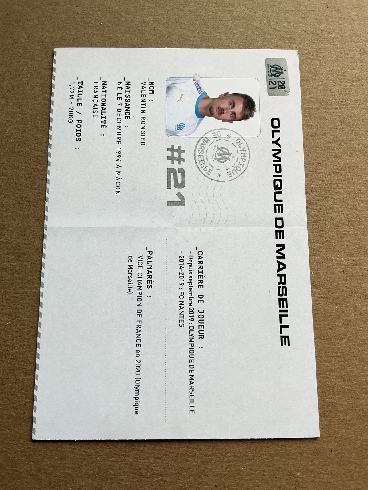 Valentin Rongier, France 🇫🇷 Olympique Marseille 2020/21 hand signed - Autographs-World