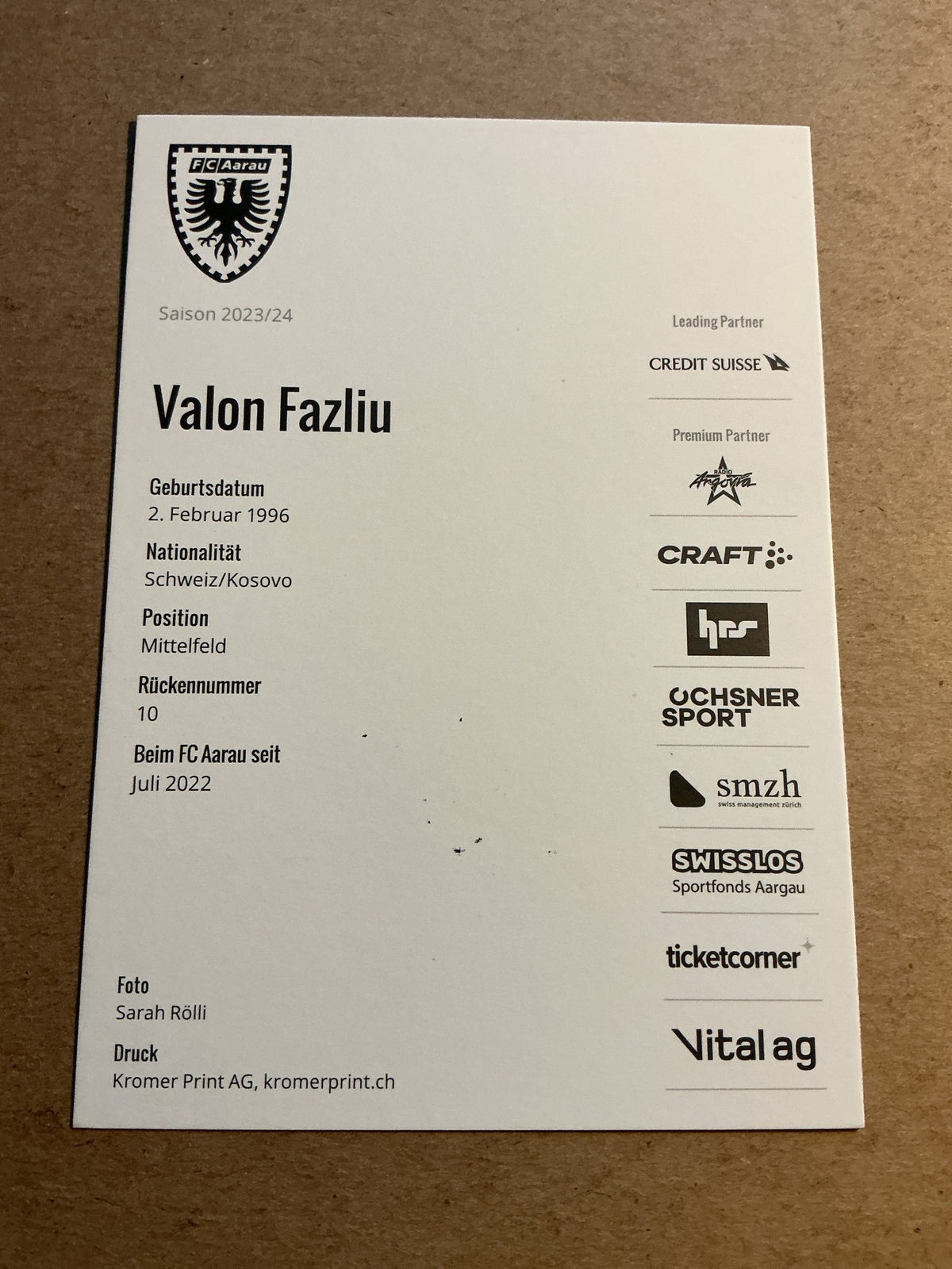 Valon Fazliu, Switzerland 🇨🇠FC Aarau 2023/24 hand signed - Autographs-World