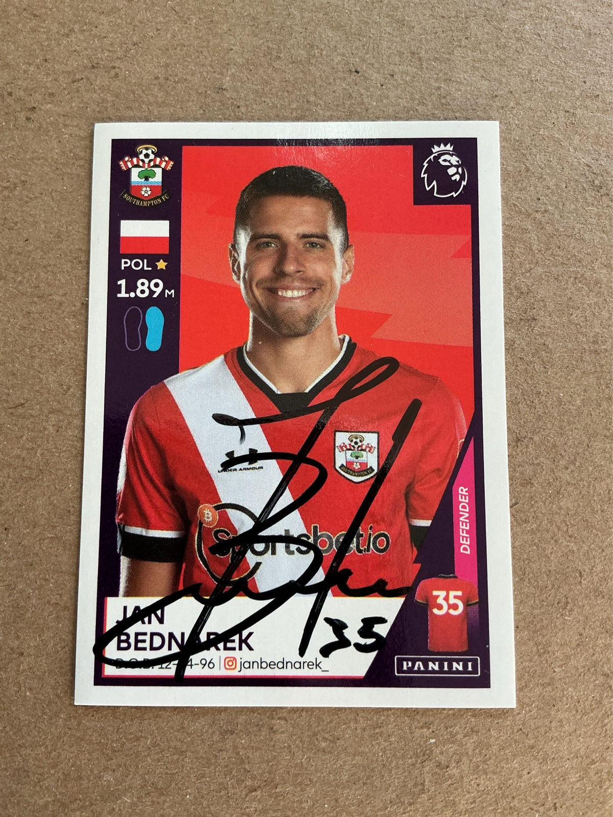 Jan Bednarek, Poland 🇵🇱 FC Southampton 2021 Panini hand signed