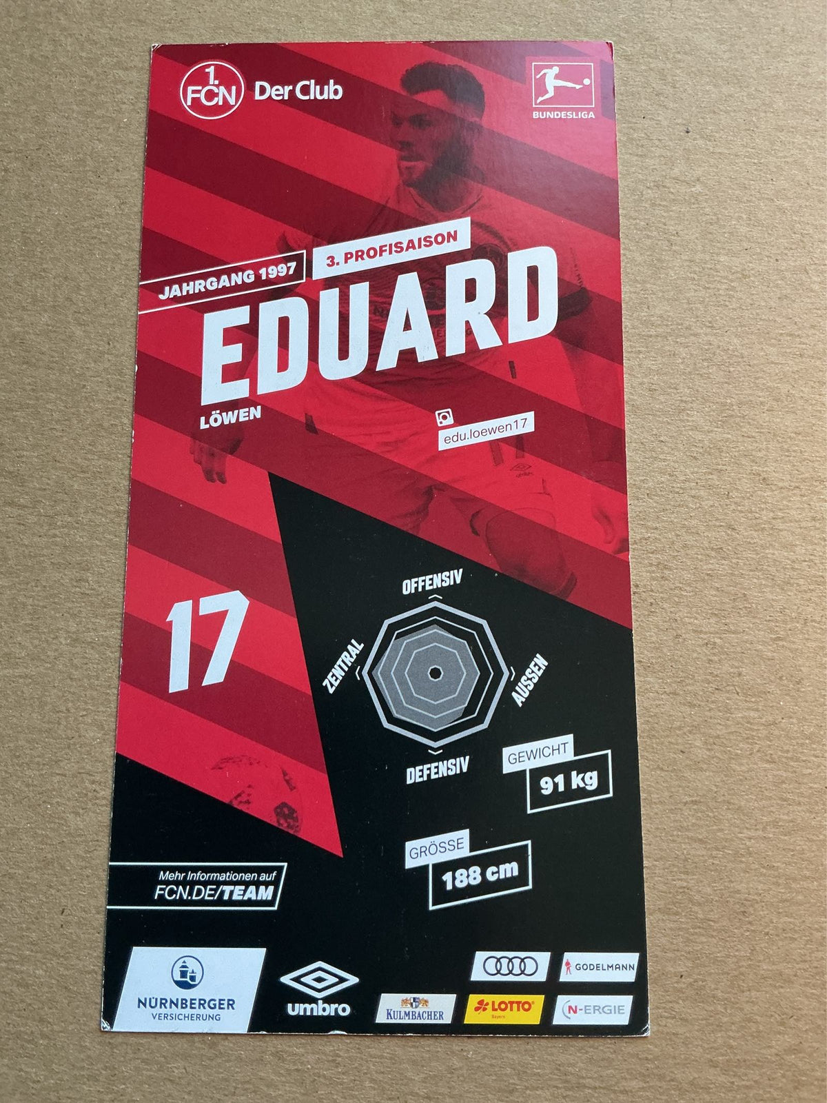 Eduard Löwen, Germany 🇩🇪 1.FC Nürnberg 2018/19 hand signed