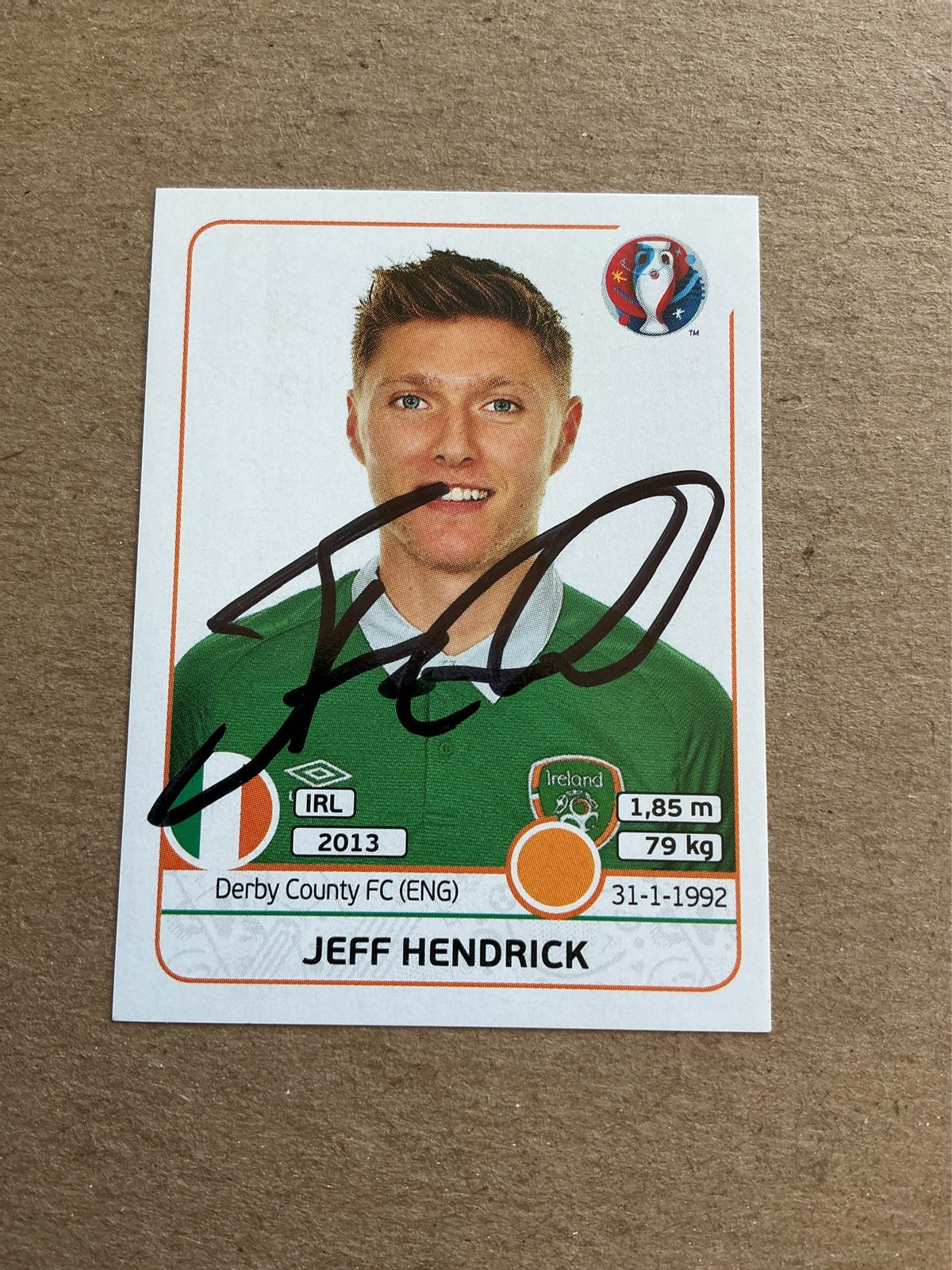 Jeff Hendrick, Ireland 🇮🇪 UEFA Euro 2016 Panini hand signed