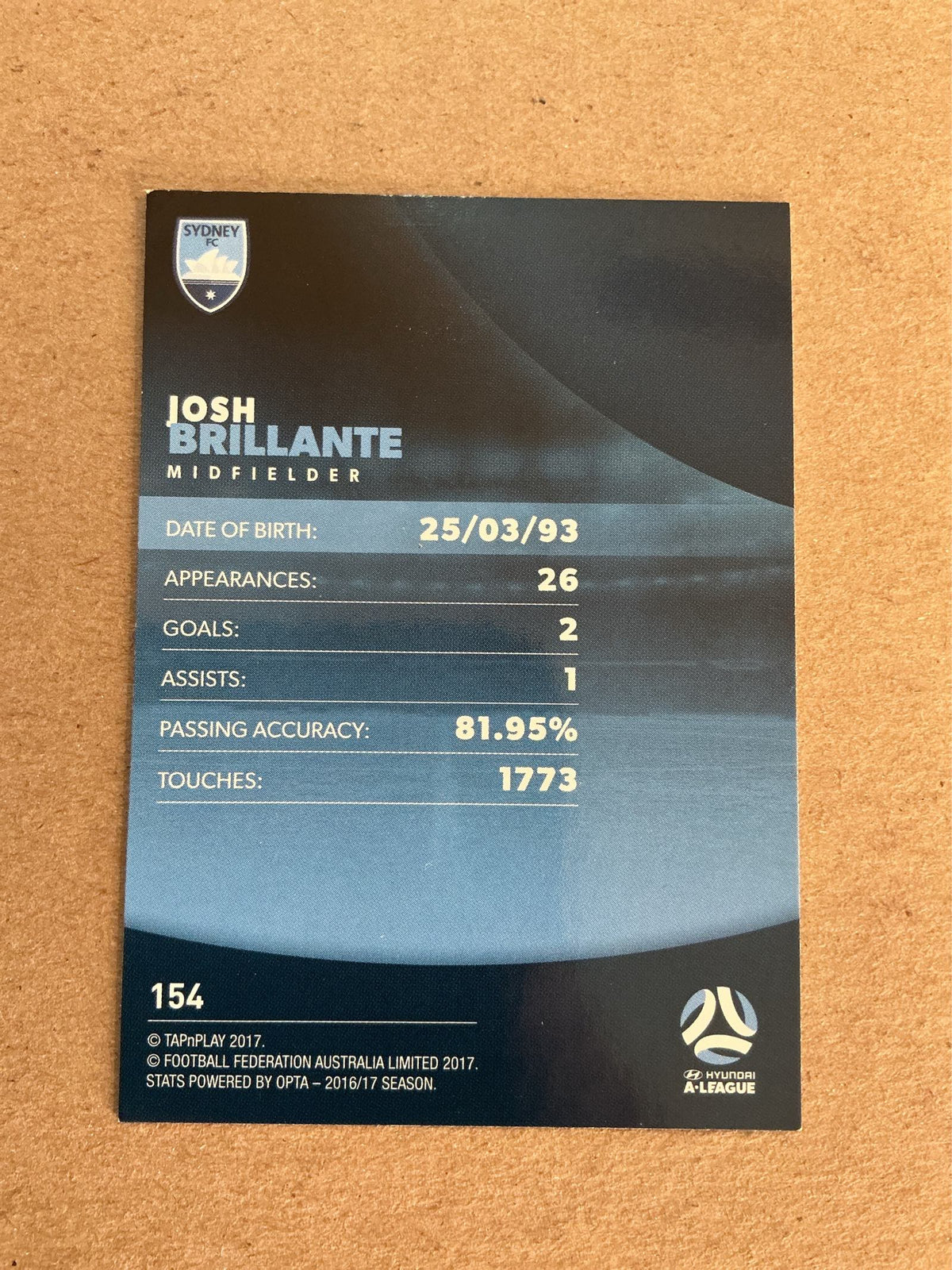Josh Brillante, Australia 🇦🇺 Sydney FC 2017/18 hand signed