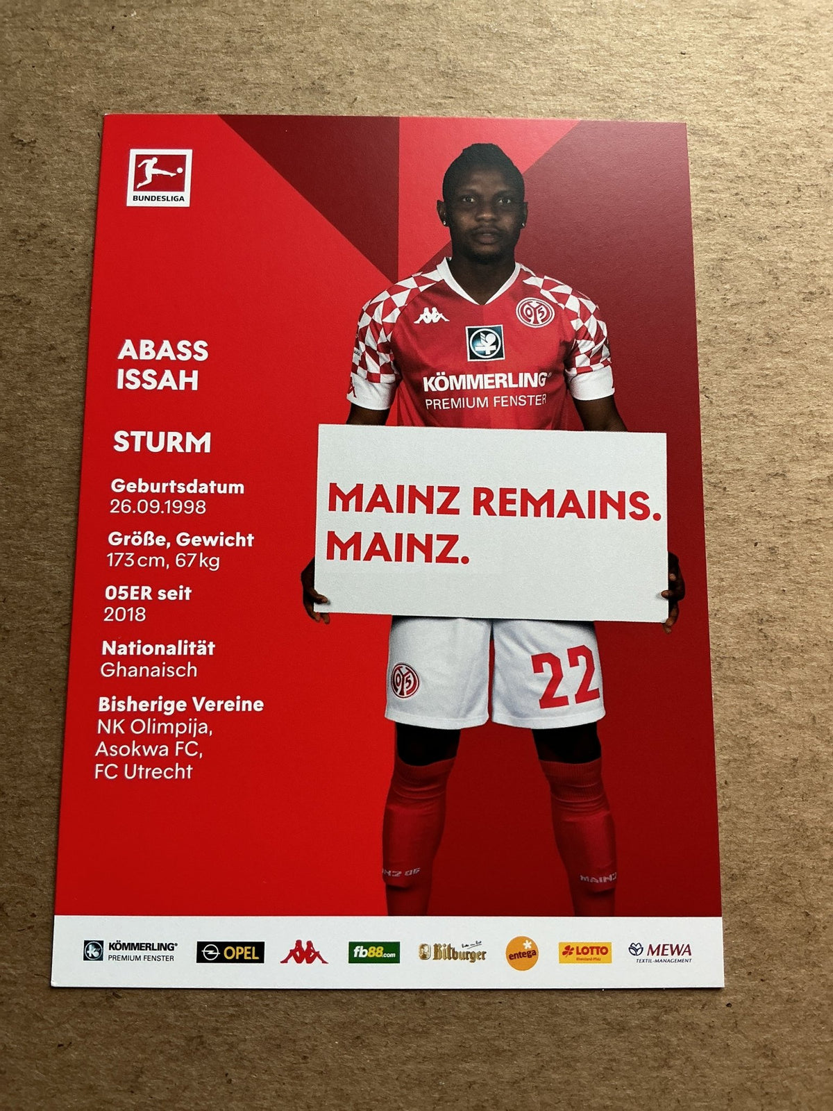 Abass Isaah, Ghana 🇬🇭 FSV Mainz 05 2020/21 hand signed - Autographs-World