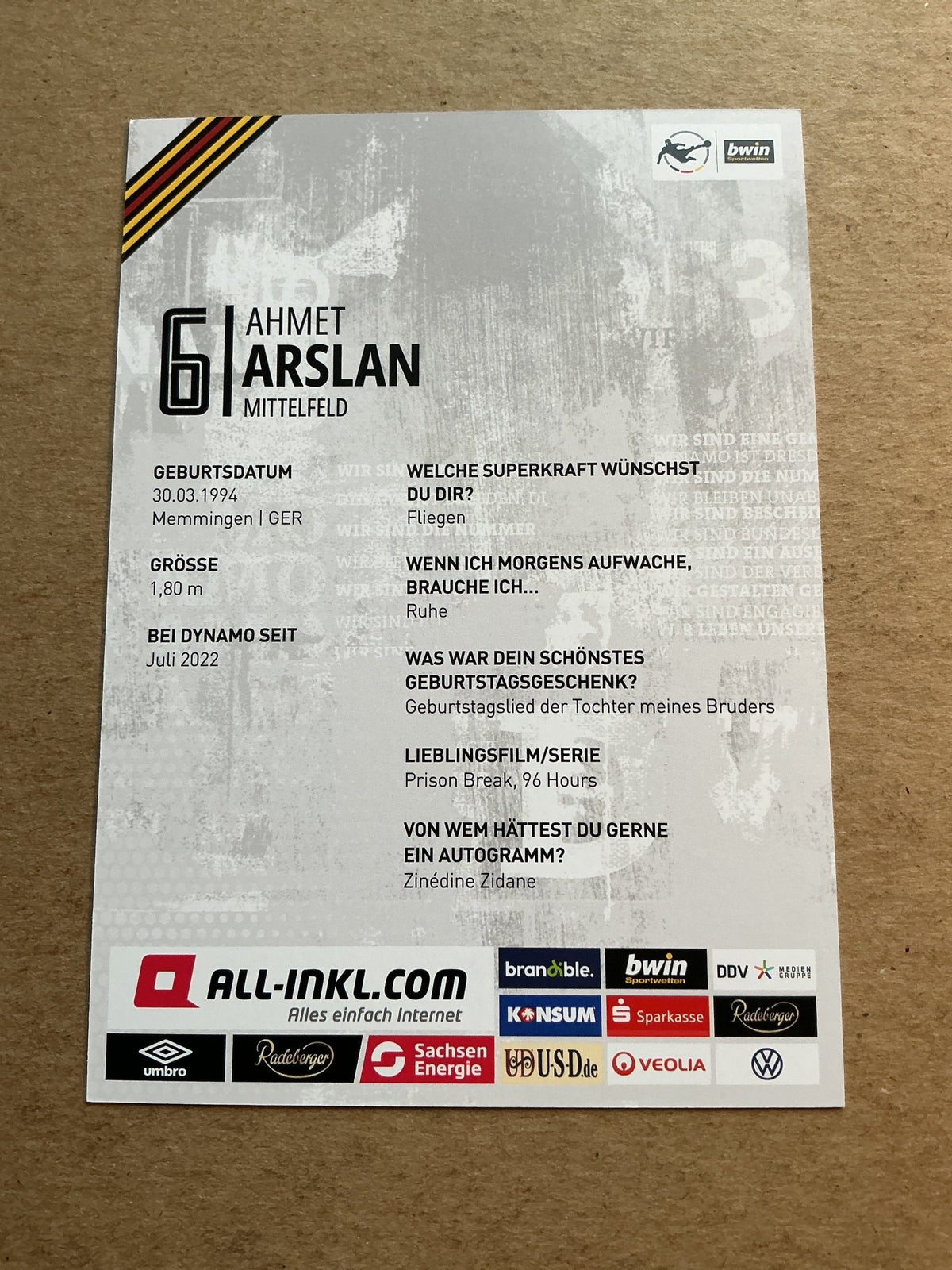Ahmet Arslan, Germany 🇩🇪 Dynamo Dresden 2022/23 hand signed - Autographs-World