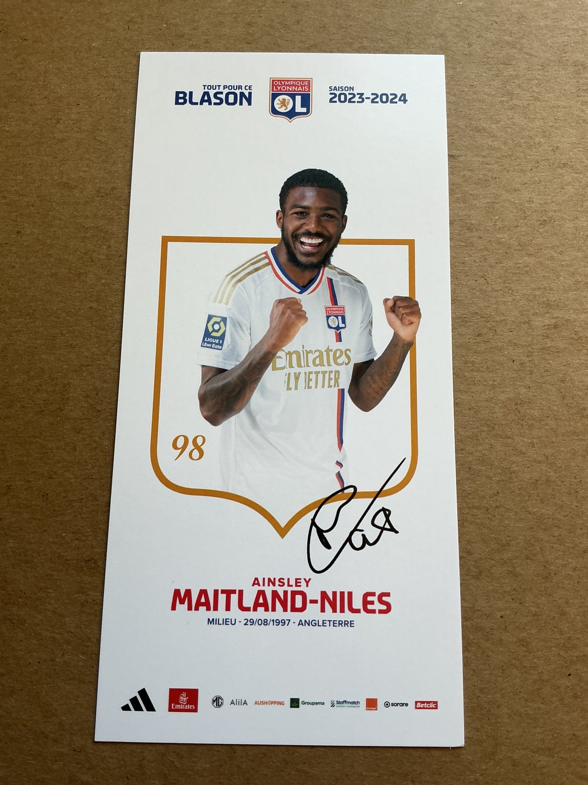 Ainsley Maitland-Niles, England 🏴󠁧󠁢󠁥󠁮󠁧󠁿 Olympique Lyon 2023/24 hand signed - Autographs-World