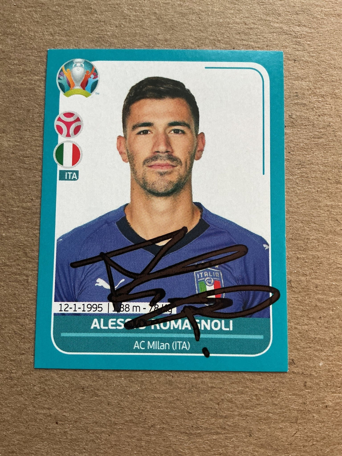 Alessio Romagnoli, Italy 🇮🇹 UEFA Euro 2020 Panini hand signed - Autographs-World