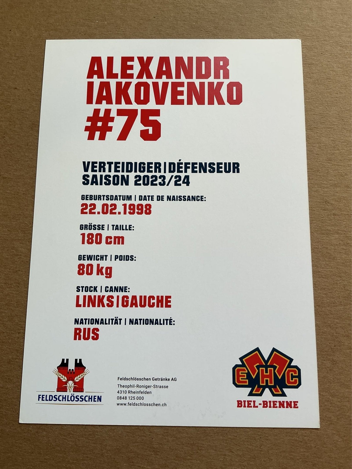 Alexandr Iakovenko, Russia 🇷🇺 EHC Biel-Bienne 2023/24 hand signed - Autographs-World