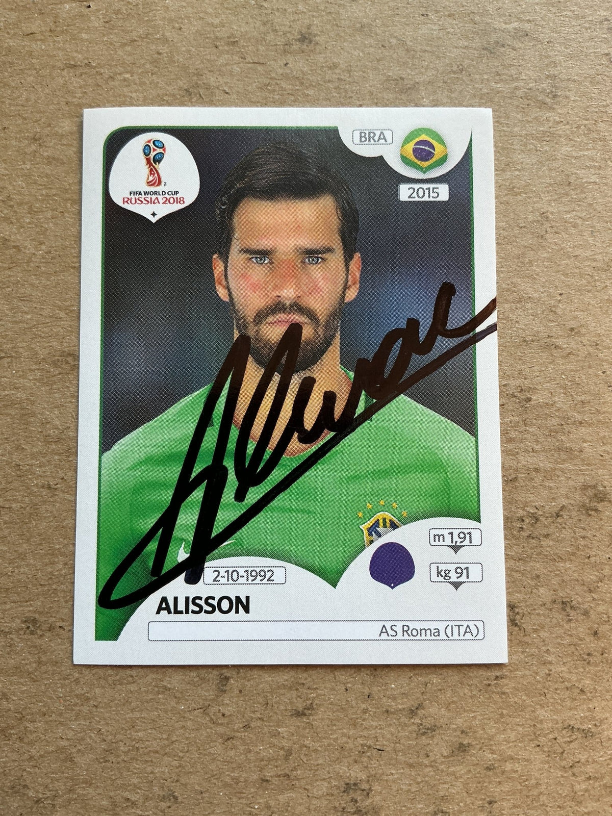 Alisson, Brazil 🇧🇷 FIFA World Cup 2018 Panini hand signed - Autographs-World