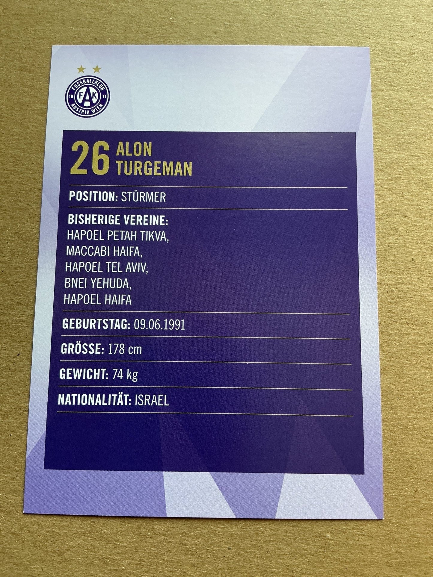 Alon Turgeman, Israel 🇮🇱 Austria Wien 2019/20 hand signed - Autographs-World