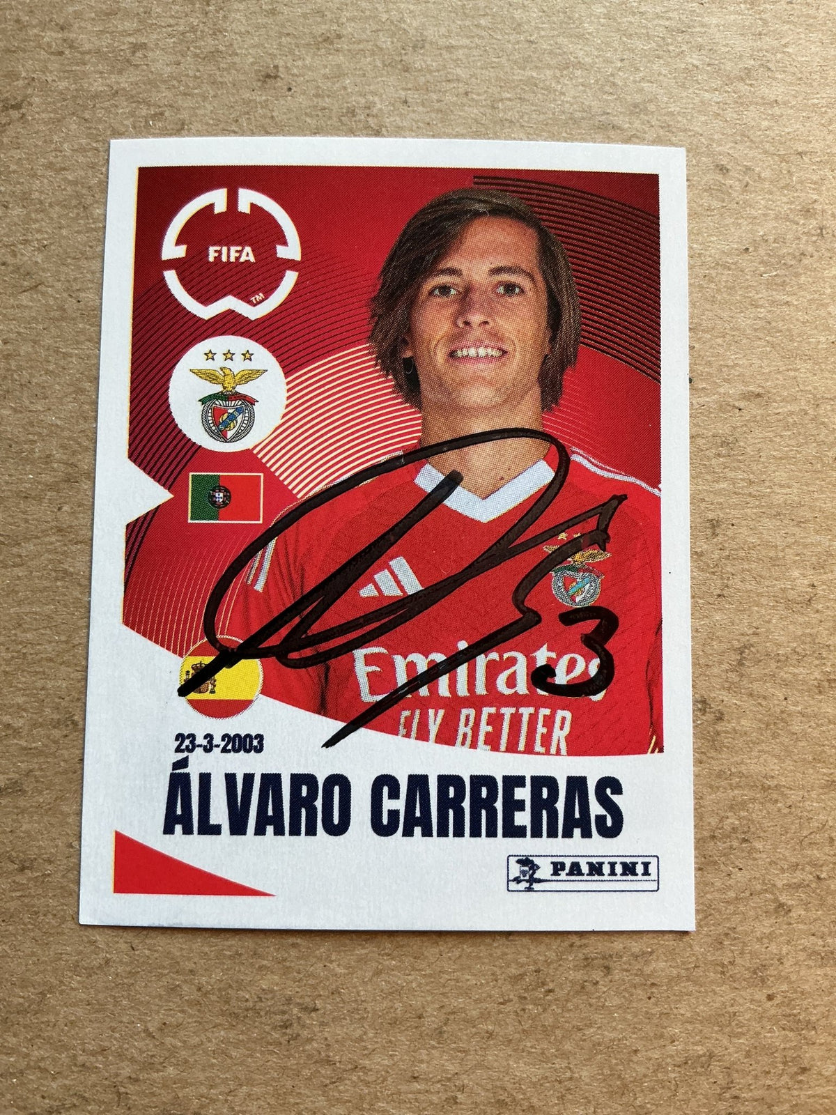 Álvaro Carreras, Spain 🇪🇸 SL Benfica Club World Cup 2025 Panini hand signed - Autographs-World