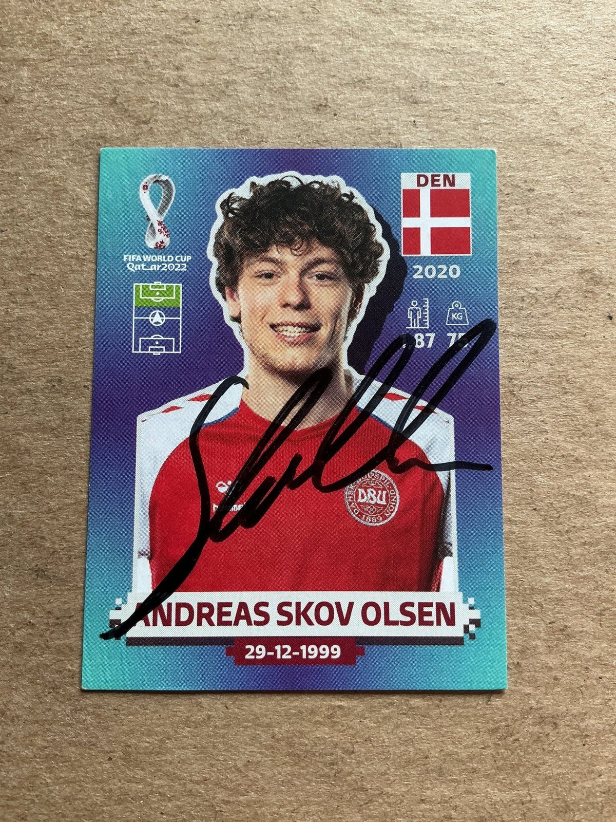 Andreas Skov Olsen, Denmark 🇩🇰 FIFA World Cup 2022 Panini hand signed - Autographs-World