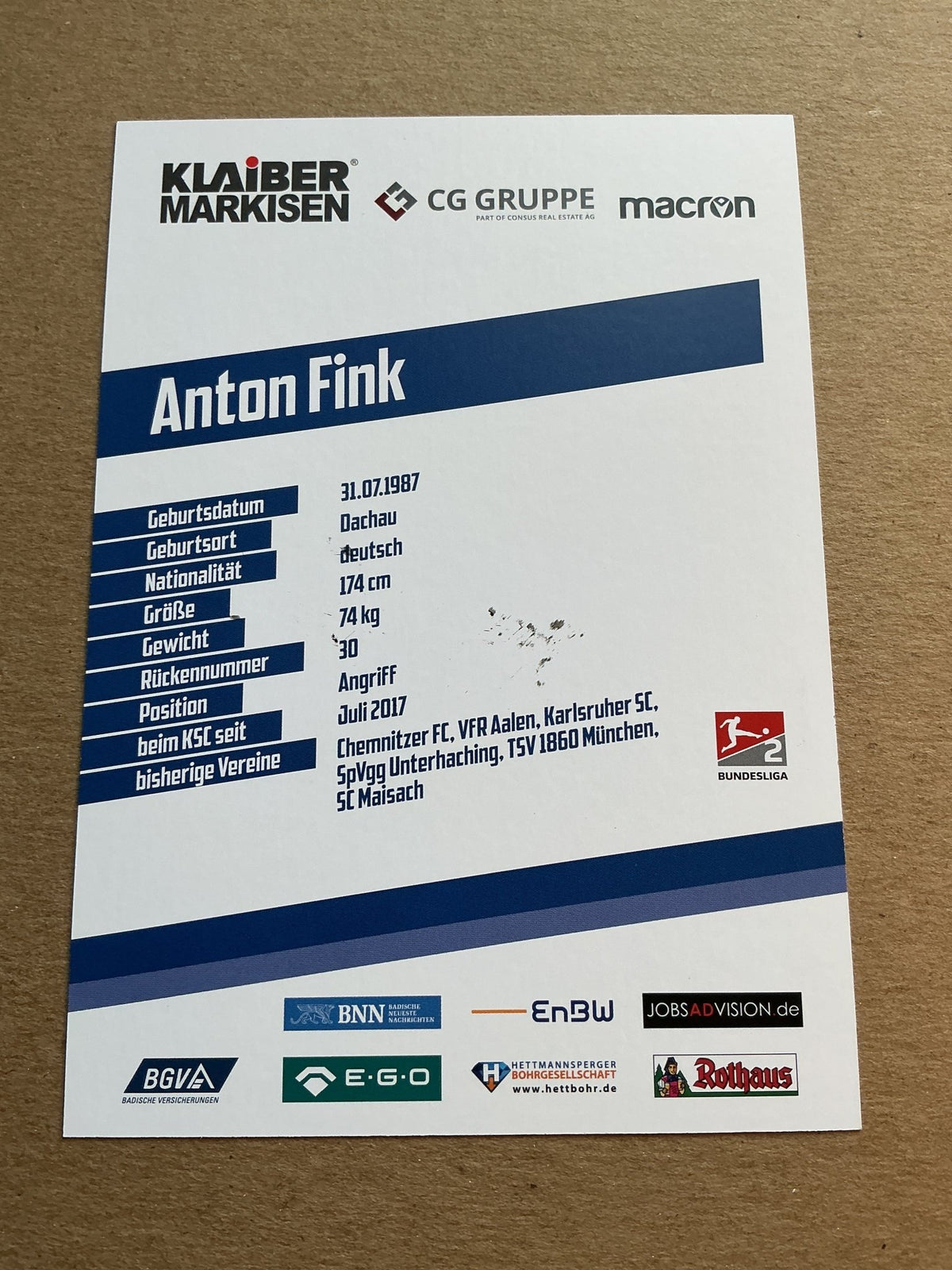 Anton Fink, Germany 🇩🇪 Karlsruher SC 2019/20 hand signed - Autographs-World