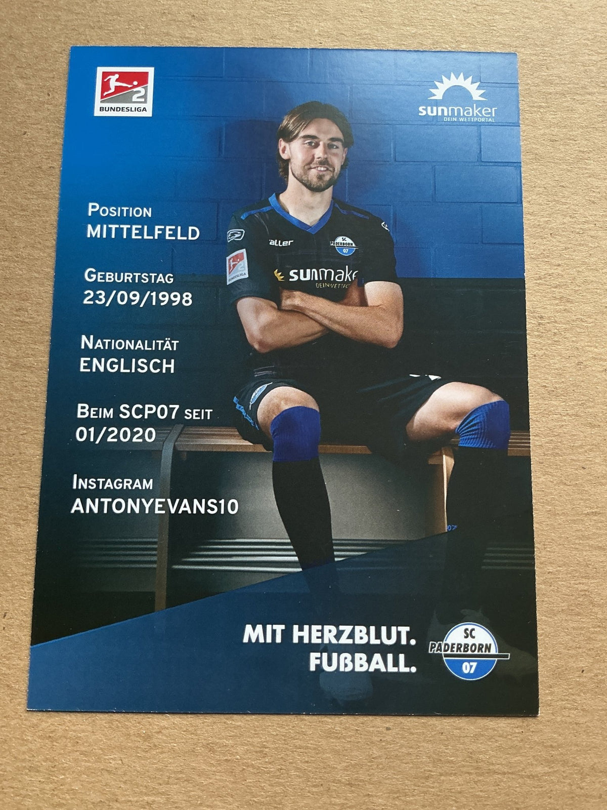 Antony Evans, England 🏴󠁧󠁢󠁥󠁮󠁧󠁿 SC Paderborn 07 2020/21 hand signed - Autographs-World