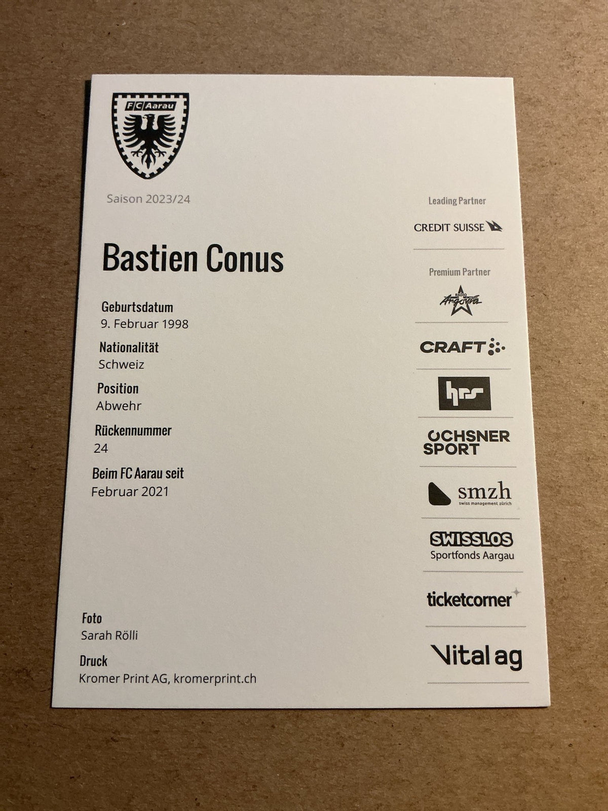 Bastien Conus, Switzerland 🇨🇭FC Aarau 2023/24 hand signed - Autographs-World