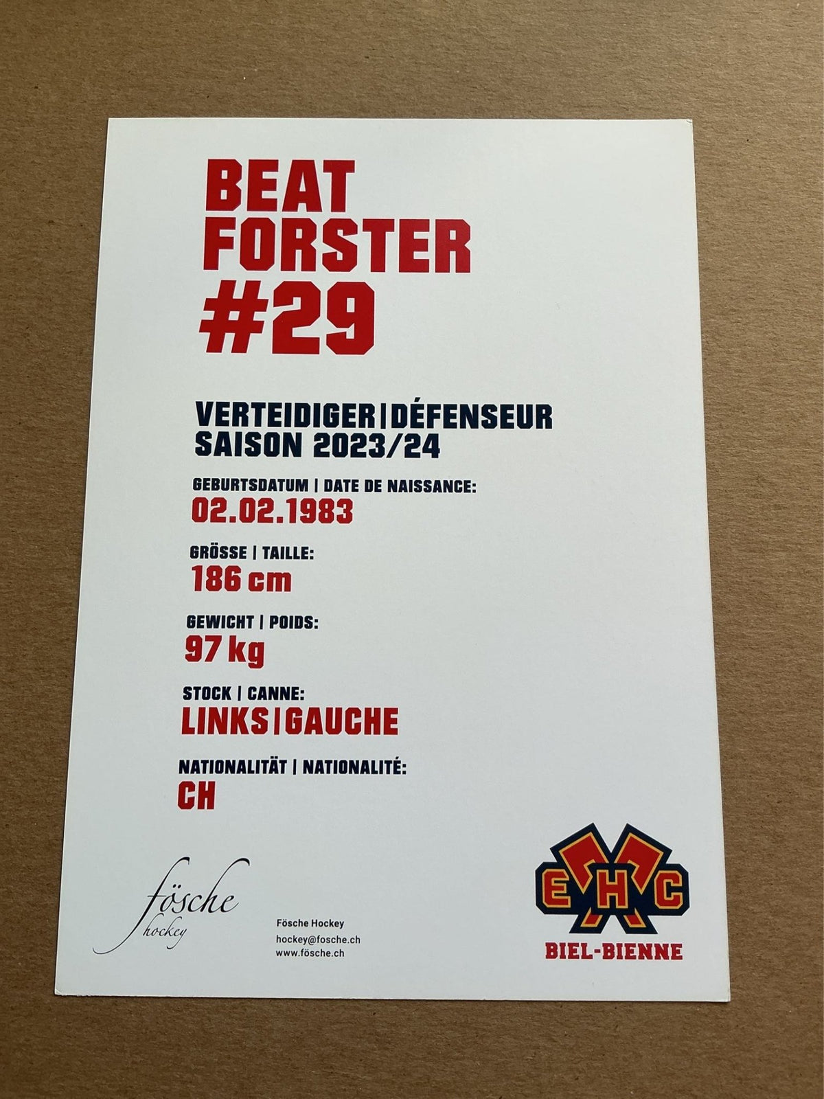 Beat Forster, Switzerland 🇨🇭 EHC Biel-Bienne 2023/24 hand signed - Autographs-World