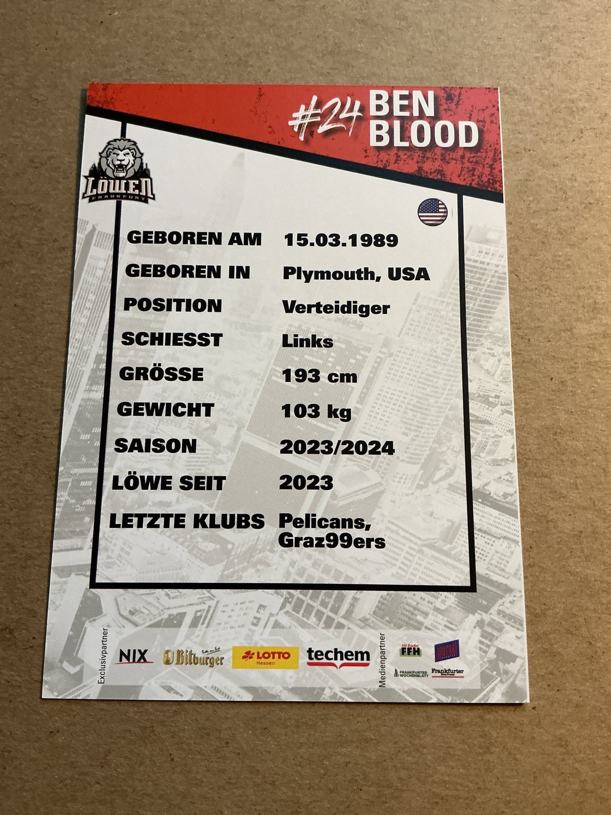 Ben Blood, USA 🇺🇸 Löwen Frankfurt 2023/24 hand signed - Autographs-World