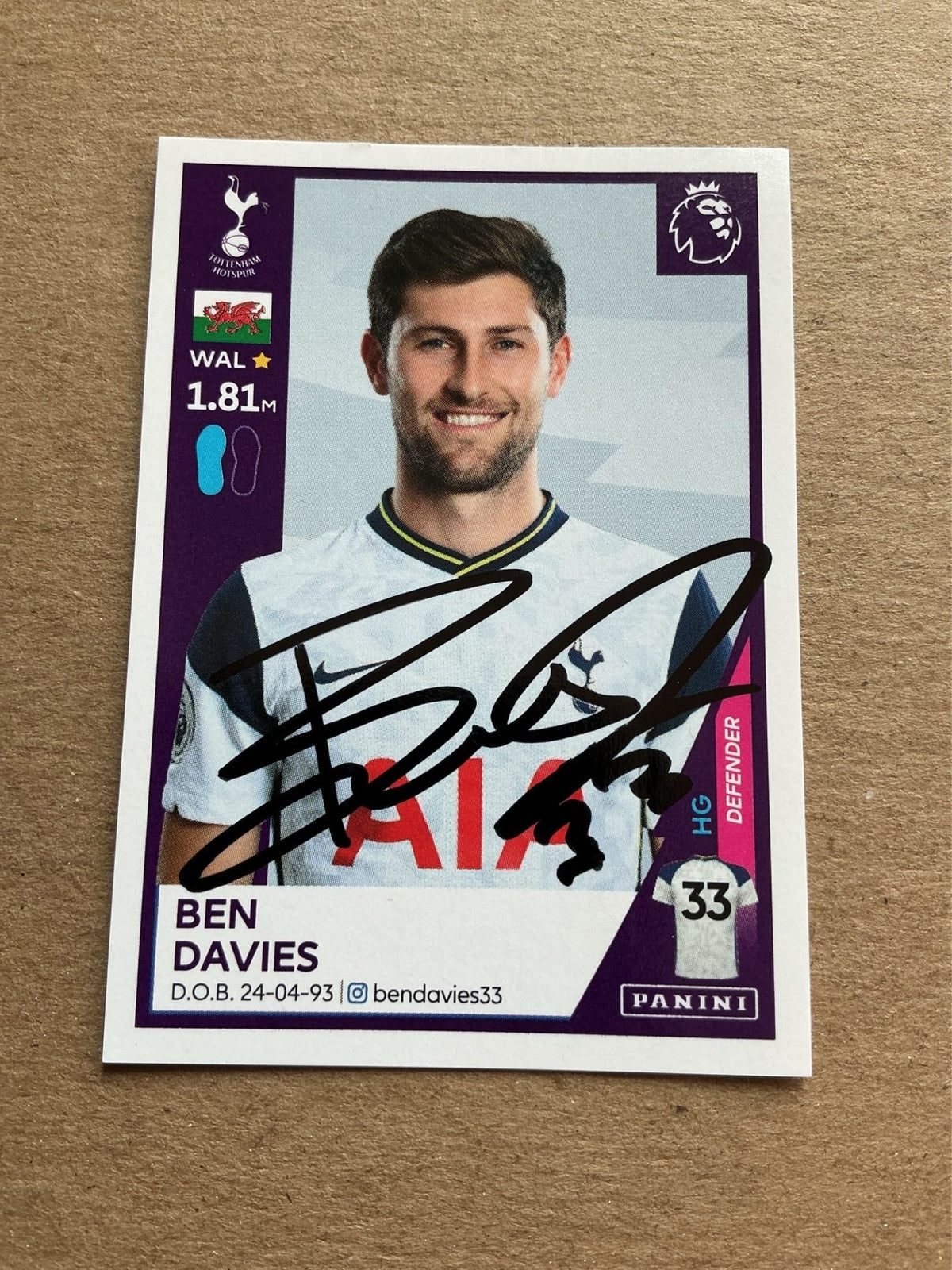 Ben Davis, Wales 🏴󠁧󠁢󠁷󠁬󠁳󠁿 Tottenham Hotspur 2021 Panini hand signed - Autographs-World