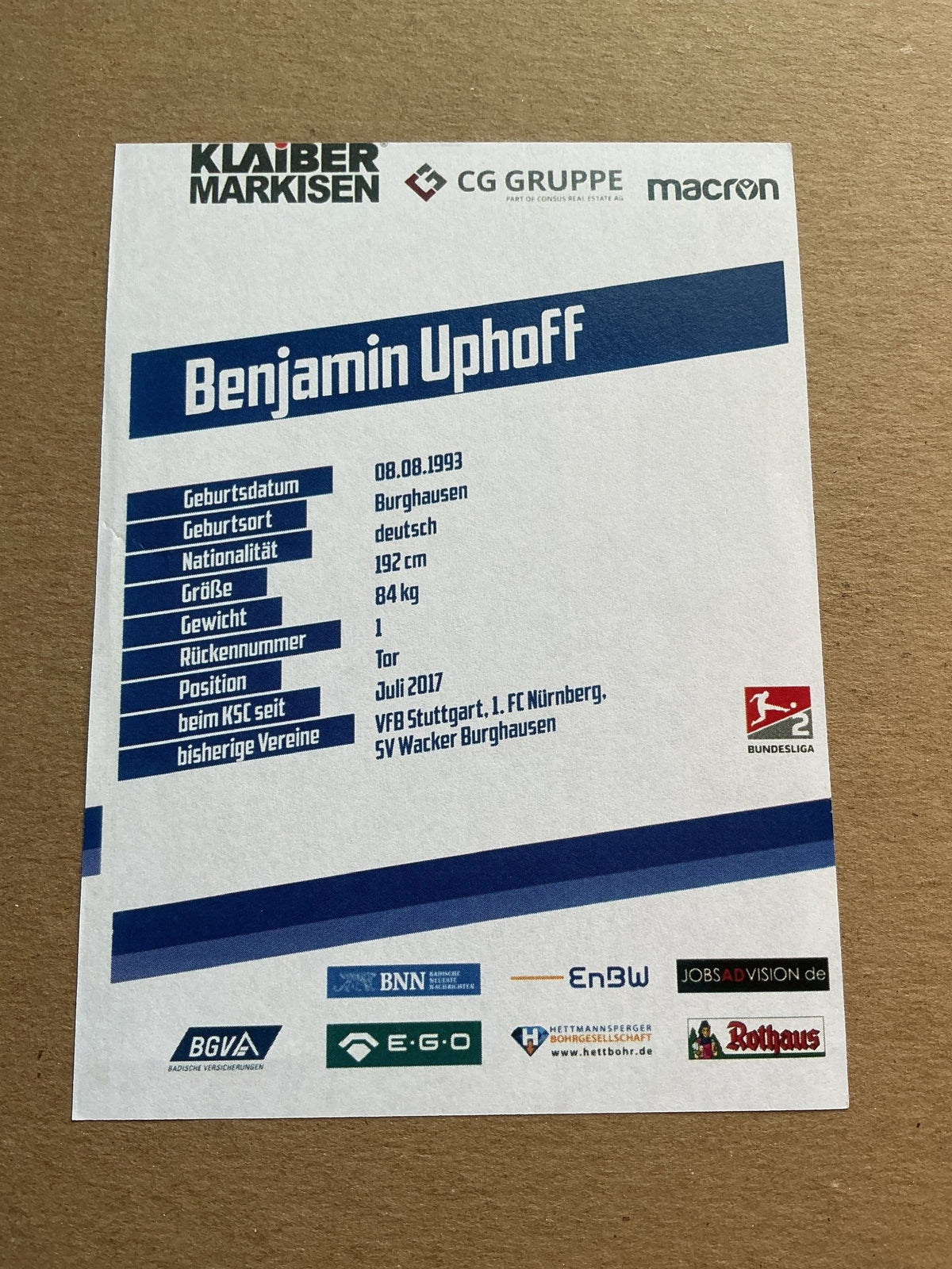 Benjamin Uphoff, Germany 🇩🇪 Karlsruher SC 2019/20 hand signed - Autographs-World