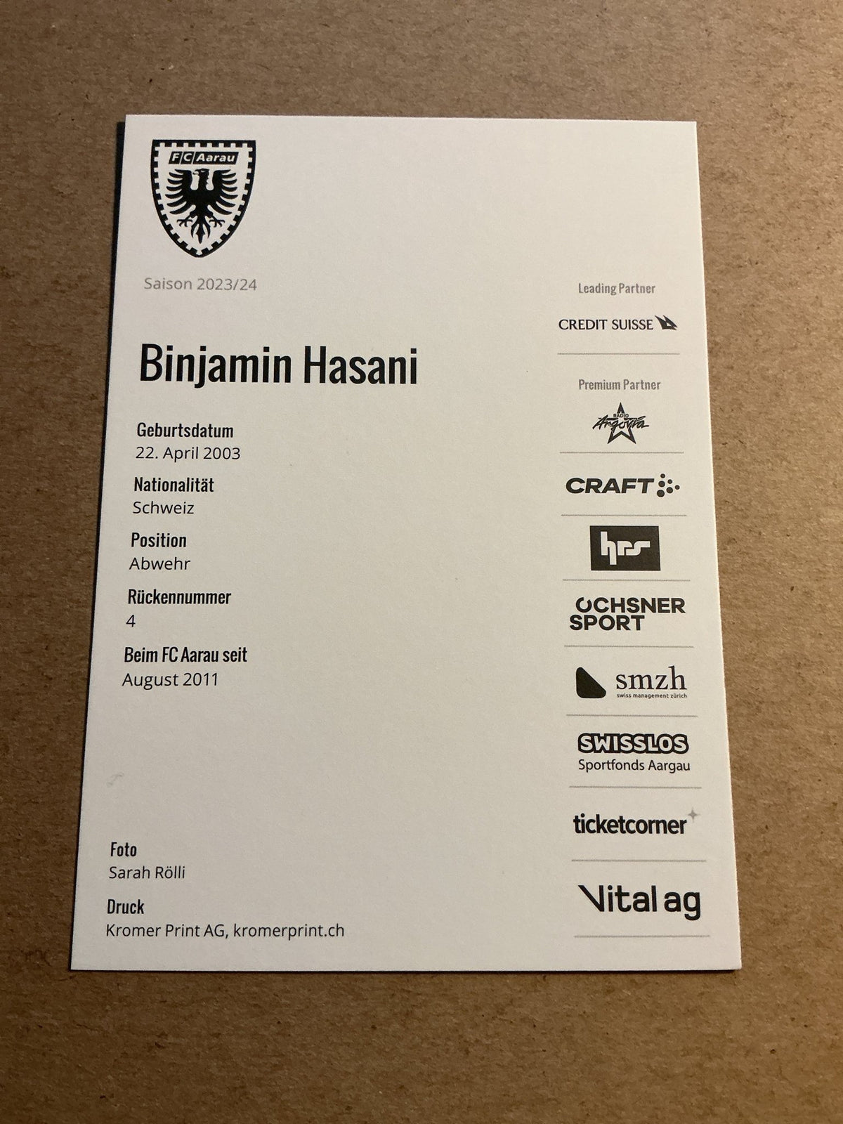 Binjamin Hasani, Switzerland 🇨🇭FC Aarau 2023/24 hand signed - Autographs-World