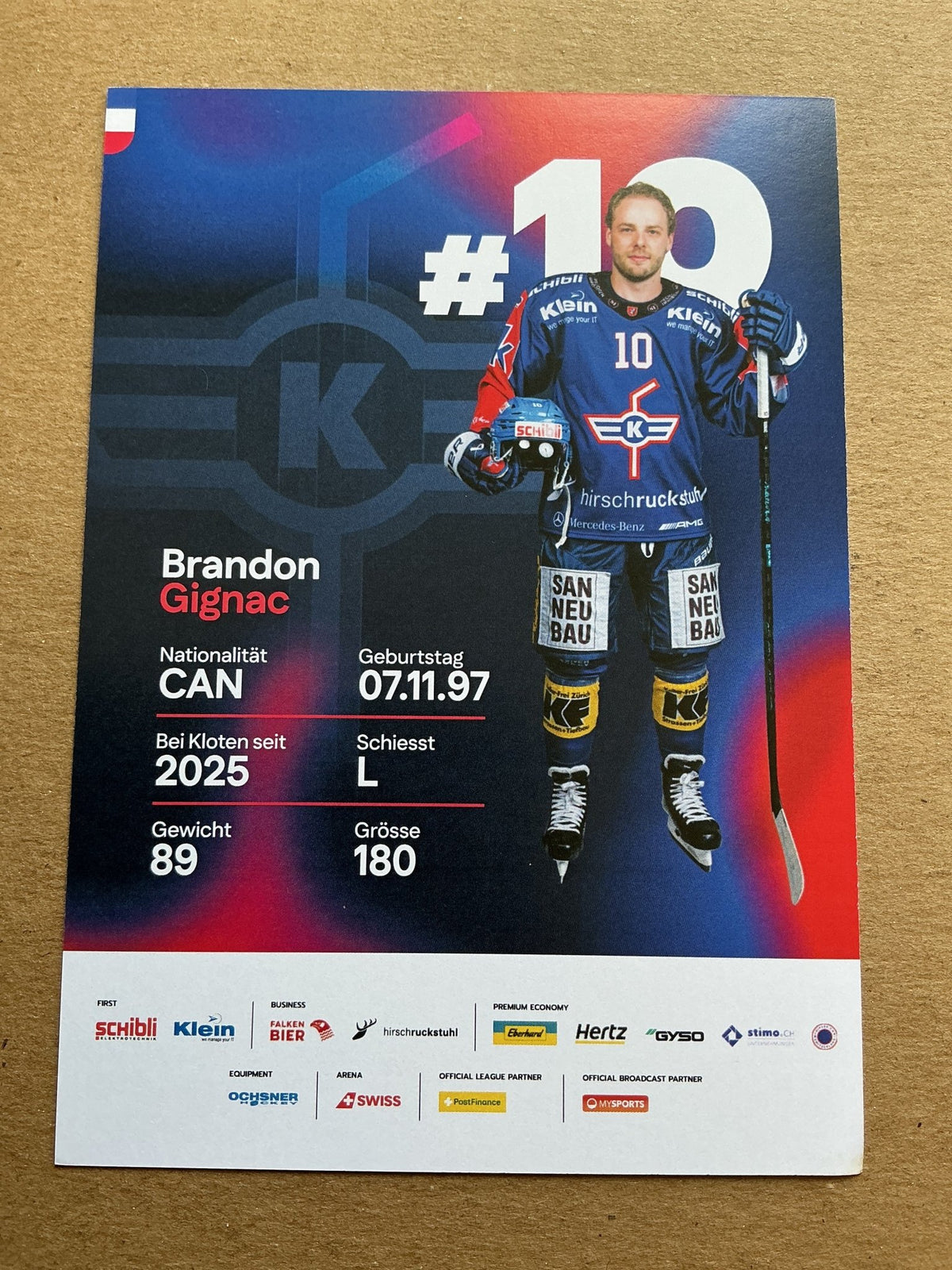 Brandon Gignac, Canada 🇨🇦 EHC Kloten 2025/26 hand signed - Autographs-World