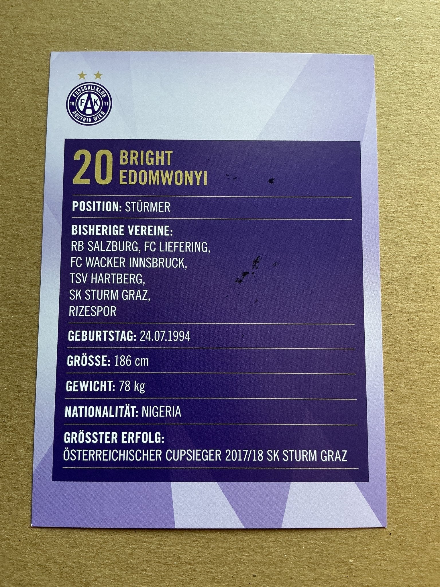 Bright Edomwonyi, Nigeria 🇳🇬 Austria Wien 2019/20 hand signed - Autographs-World