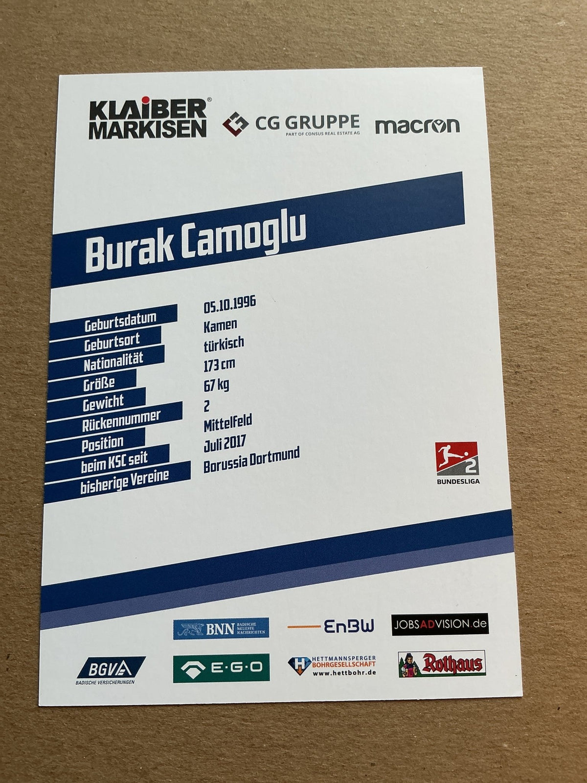 Burak Camoglu, Türkiye 🇹🇷 Karlsruher SC 2019/20 hand signed - Autographs-World
