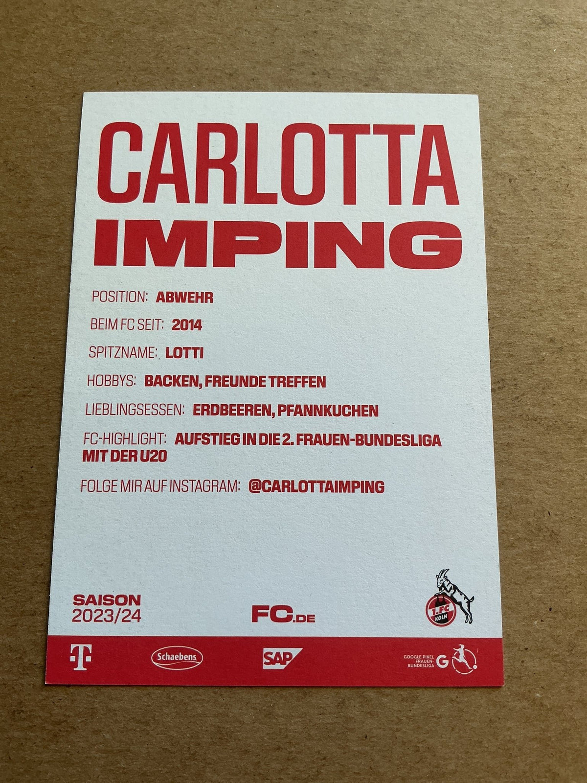 Carlotta Imping, Germany 🇩🇪 1.FC Köln 2023/24 hand signed - Autographs-World